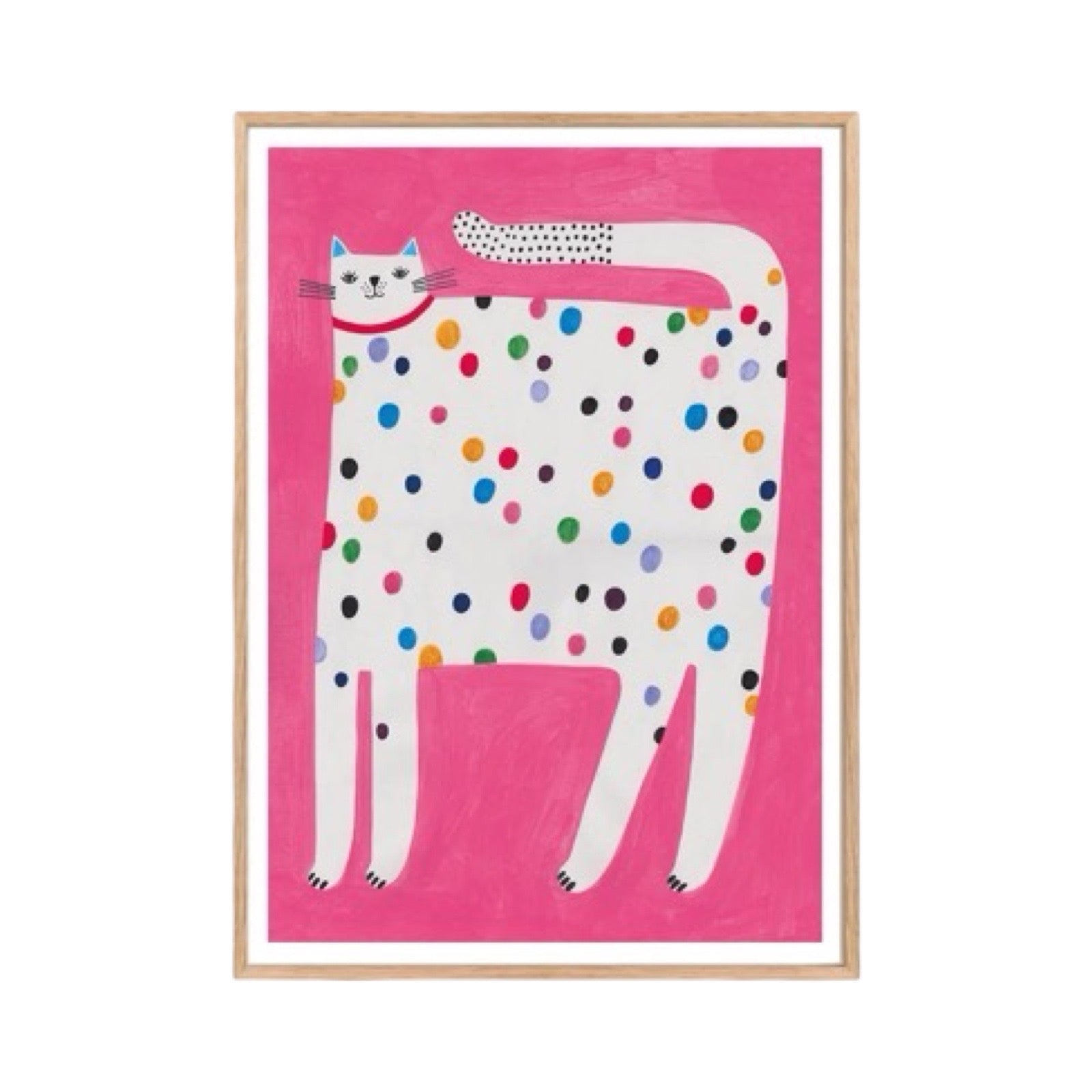 This art print features a giant white cat with colourful dots on a bright pink background.