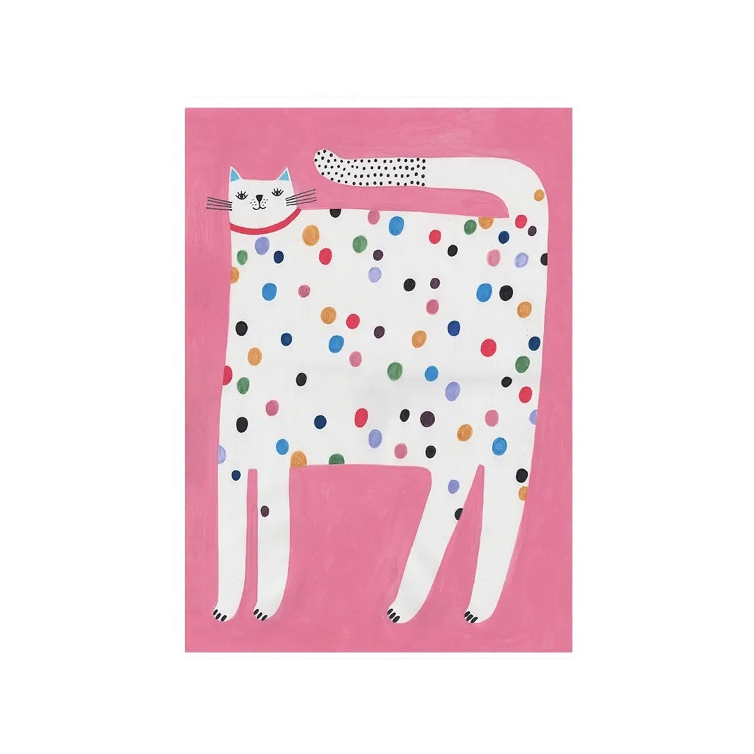 This art print features a giant white cat with colourful dots on a bright pink background.