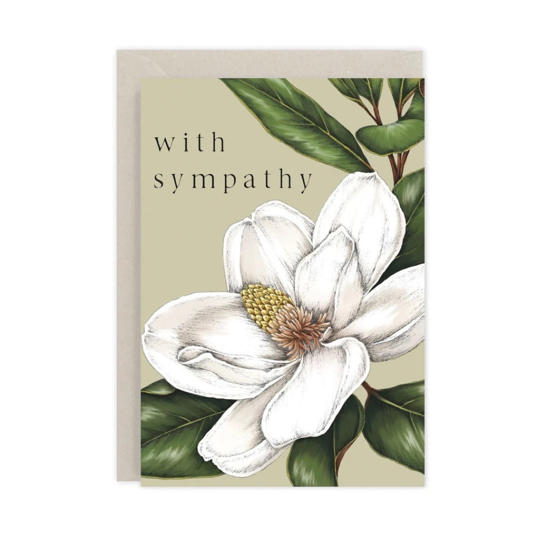 A6 sympathy card featuring a white lily, comes with a grey envelope.