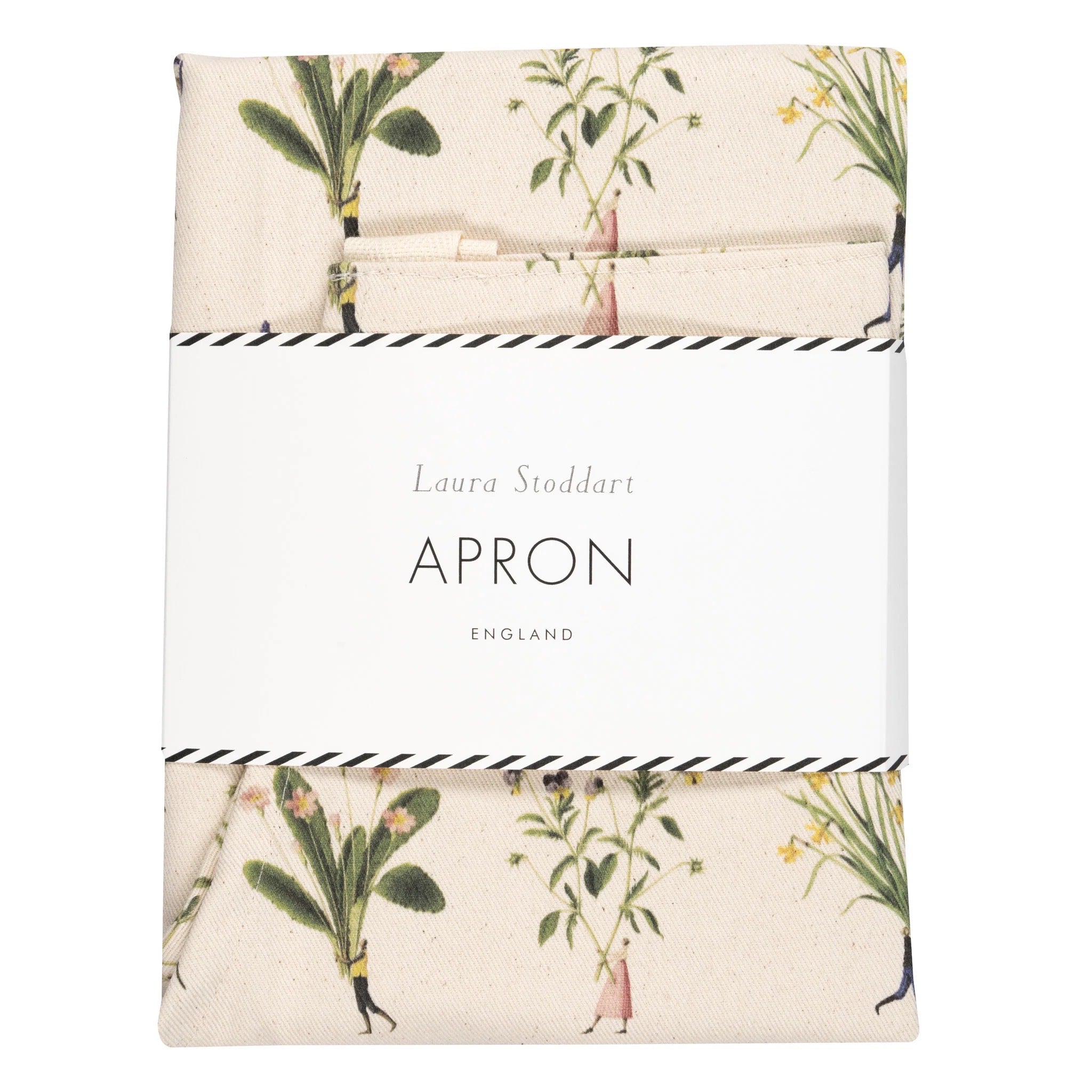 Packaged apron with botanical design and 'Laura Stoddart' branding on a white background.