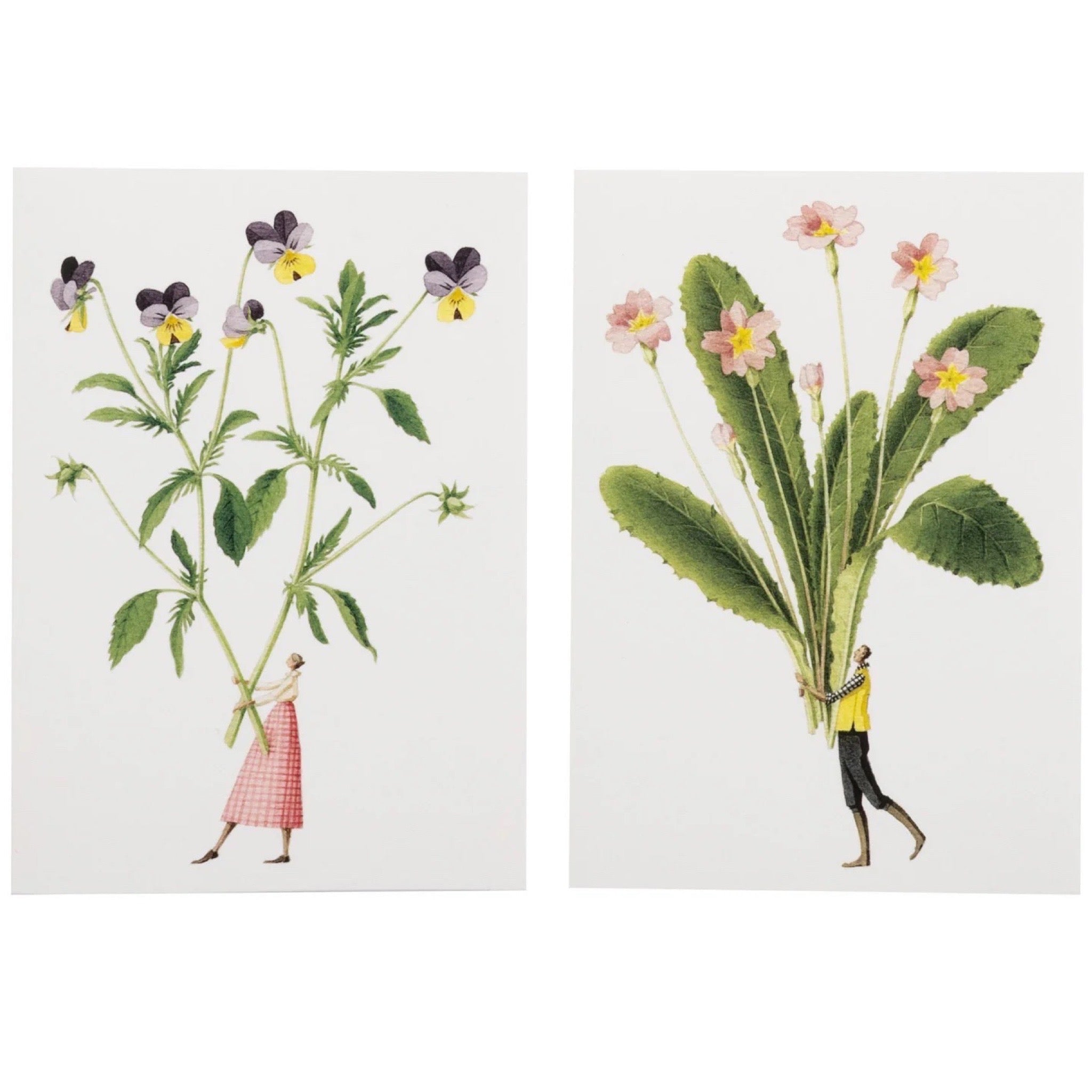 Two illustrations of people holding large bunches of flowers on a white background.