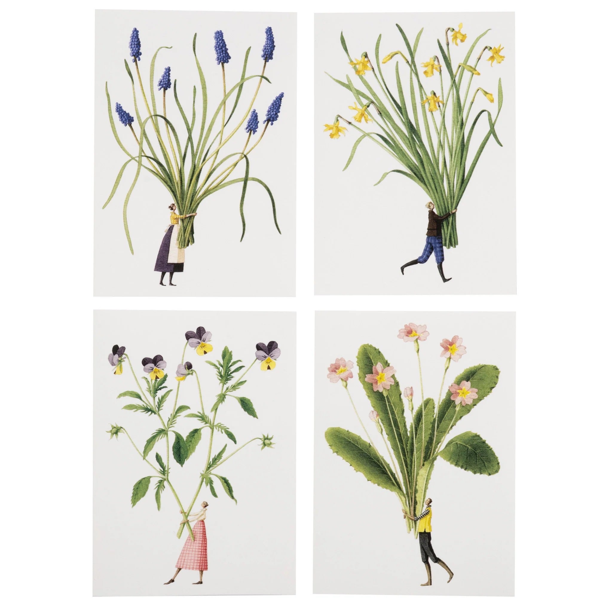 Four postcards with illustrations of people holding large bouquets of flowers on a white background.