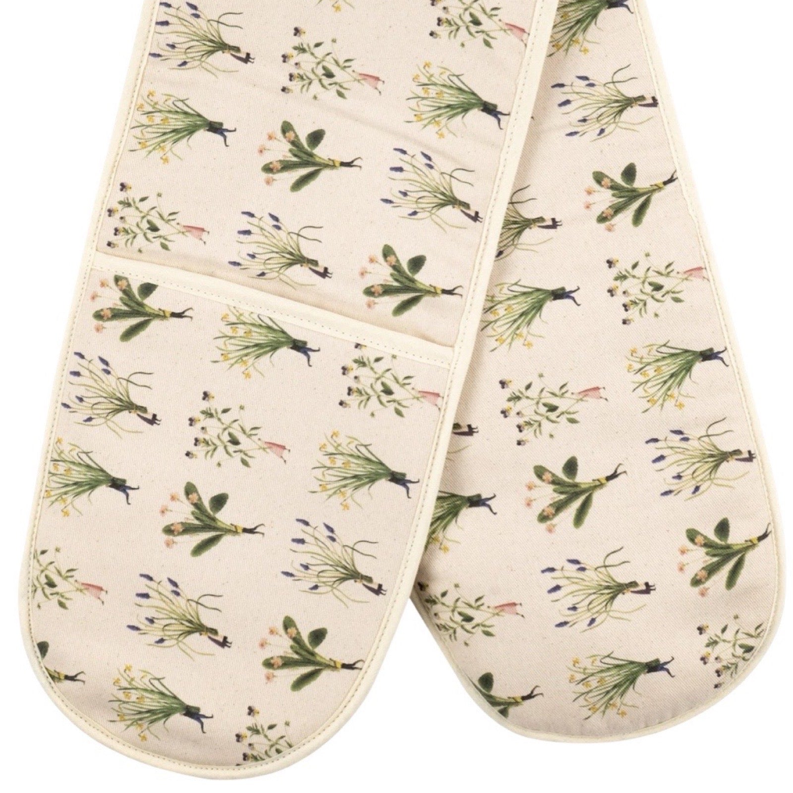Pair of oven mitts with floral pattern on a white background.