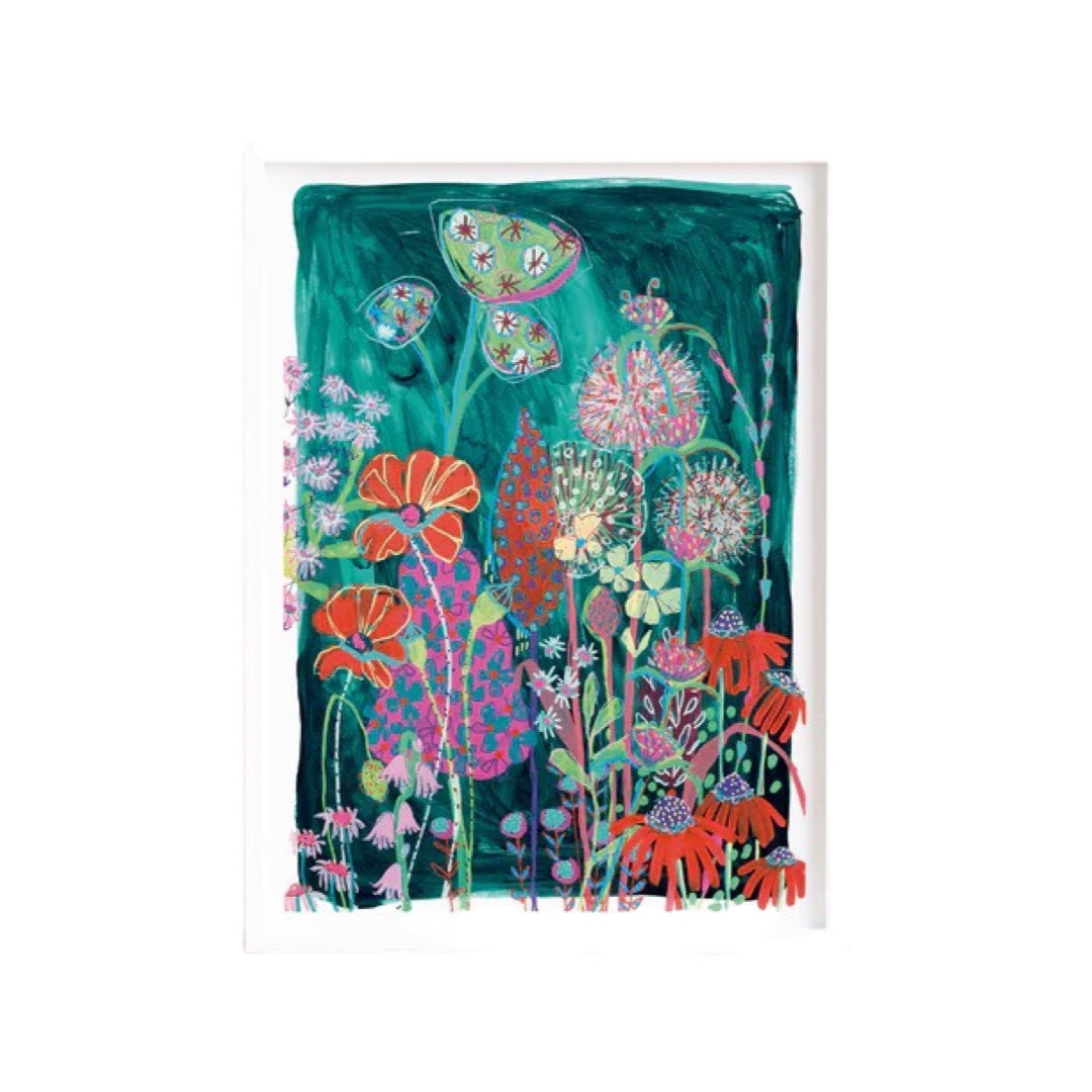 A joyous green print reproduced from an original painting featuring orange, pink and green flowers