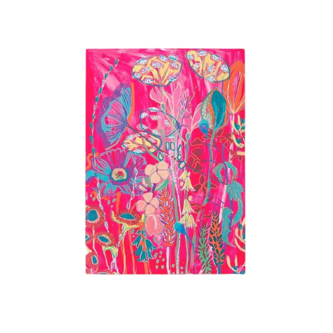 A gorgeous bright pink print reproduced from an original painting featuring teal, yellow and pink flowers