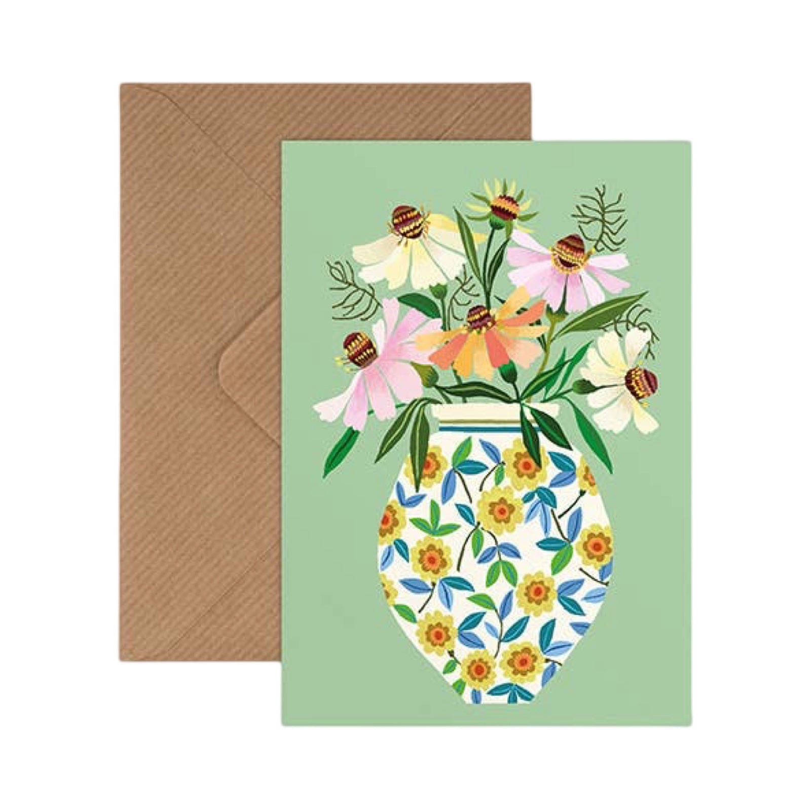 Greeting card with floral design and matching brown envelope on a white background.