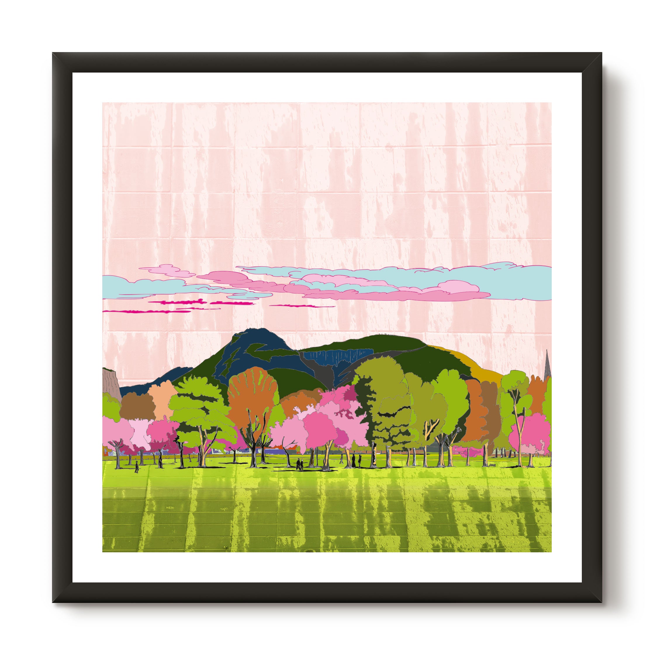 This print illustrates the Meadows park in Edinburgh with cherry blossoms and Arthurs Seat in the background.