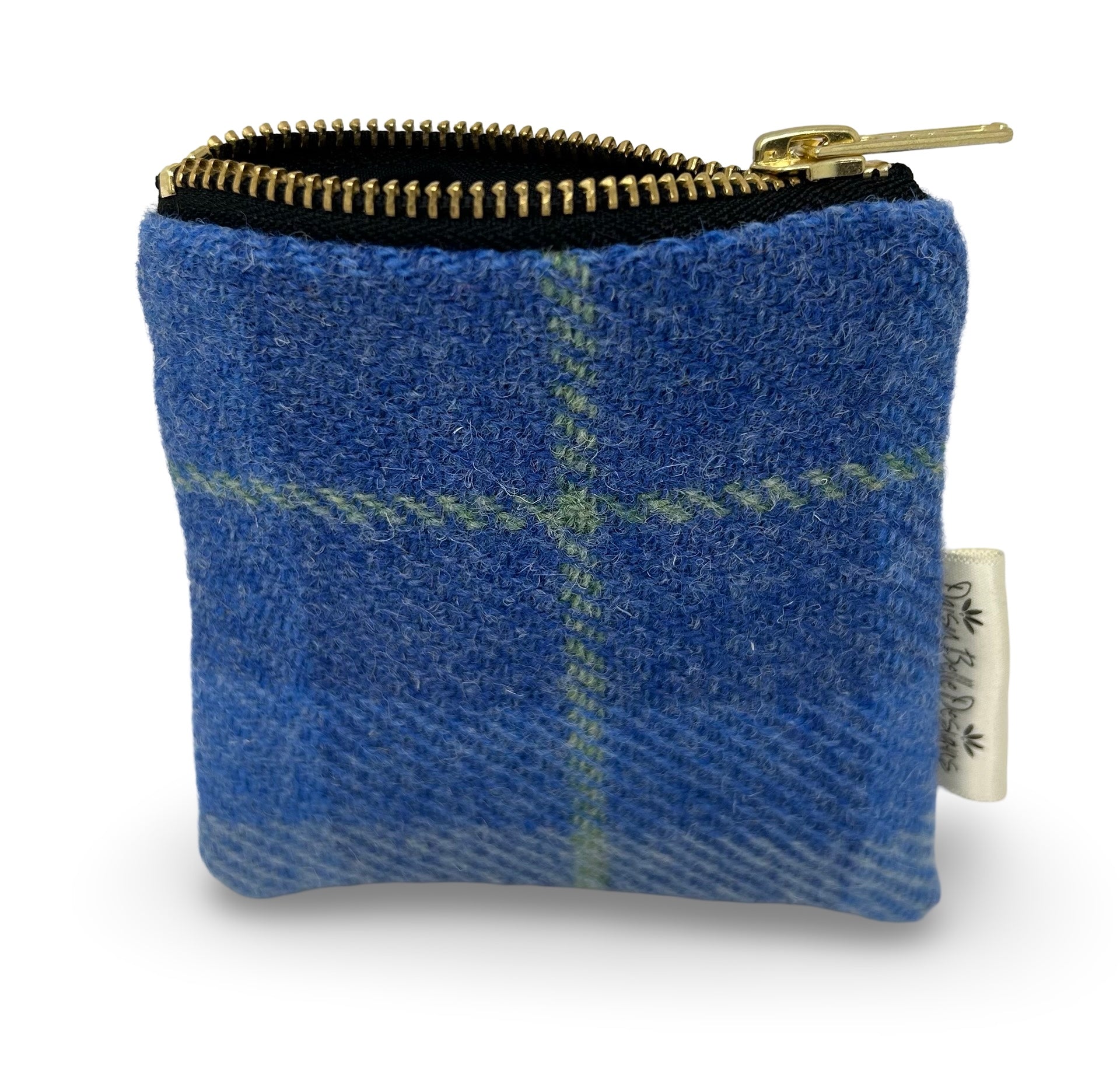 Blue Harris tweed coin purse with gold zip
