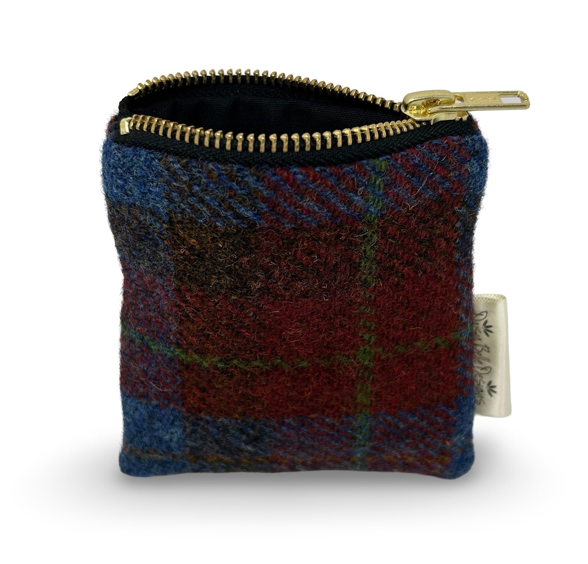 Square Harris tweed purse in dark blue and red check. Shown here with the gold zip open showing the black lining.