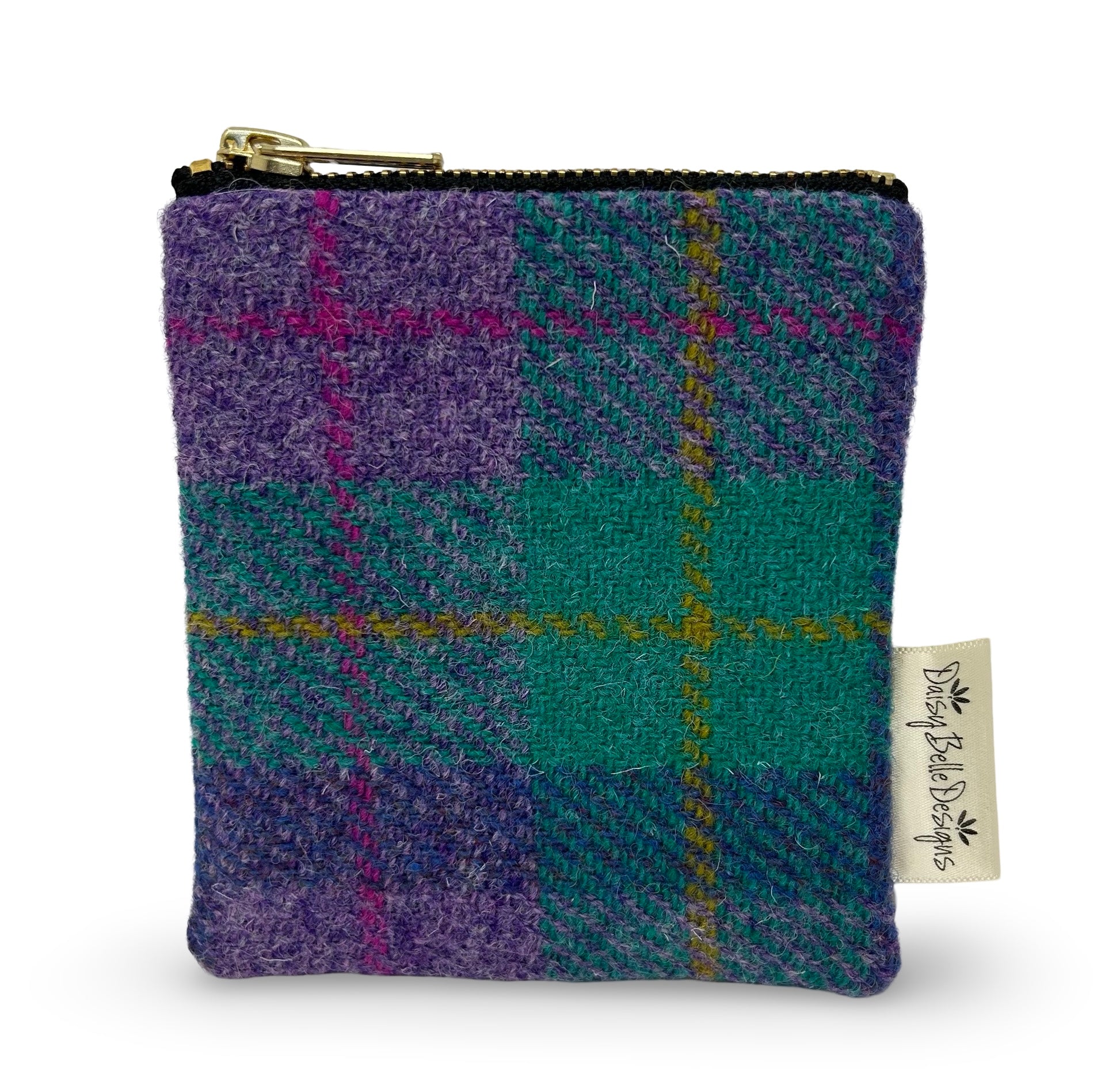 Square Harris tweed purse with gold zip. Lilac and turquoise check tweed.