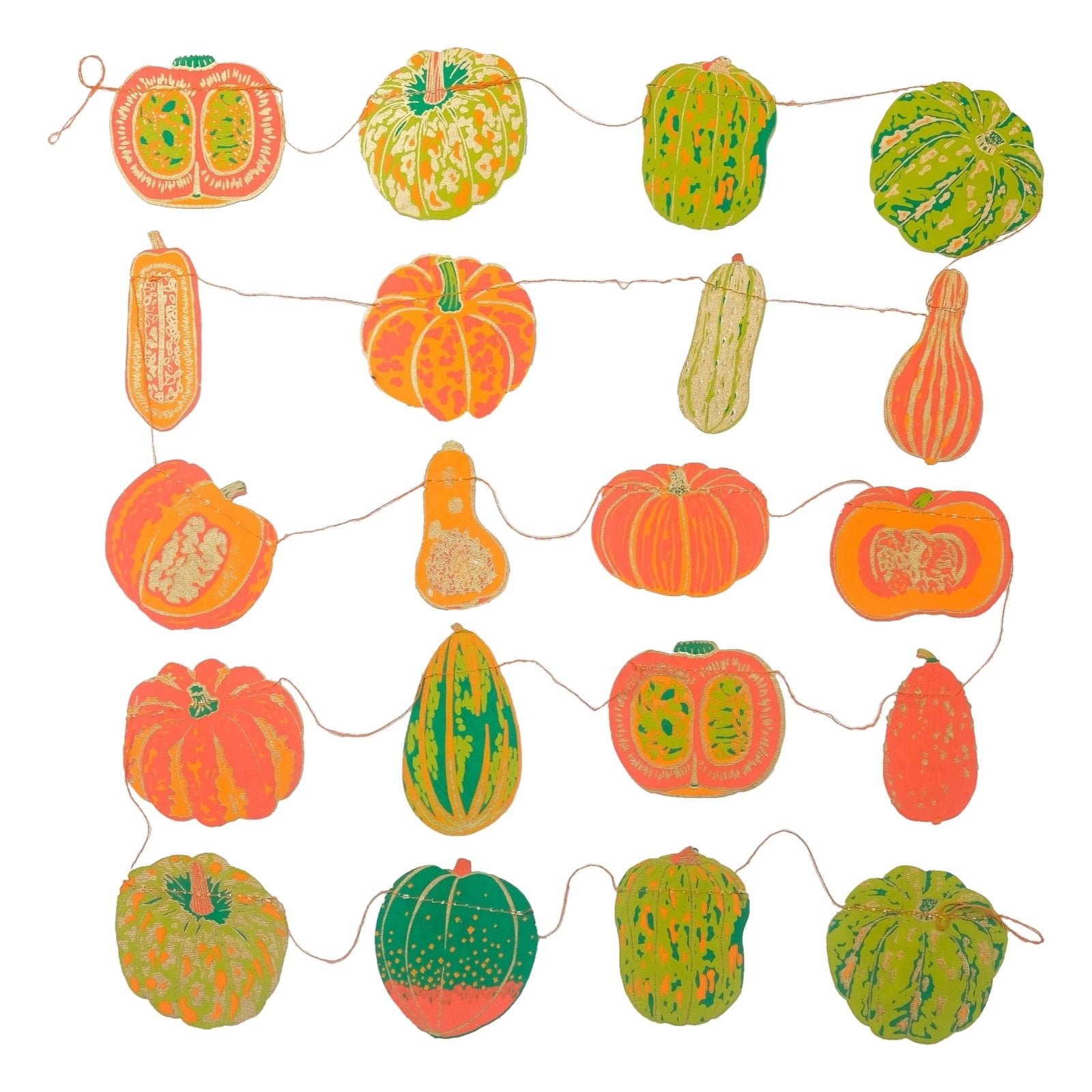 Squashes paper garland, featuring twenty screen-printed pumpkins, squashes and gourds in shades of orange and green.