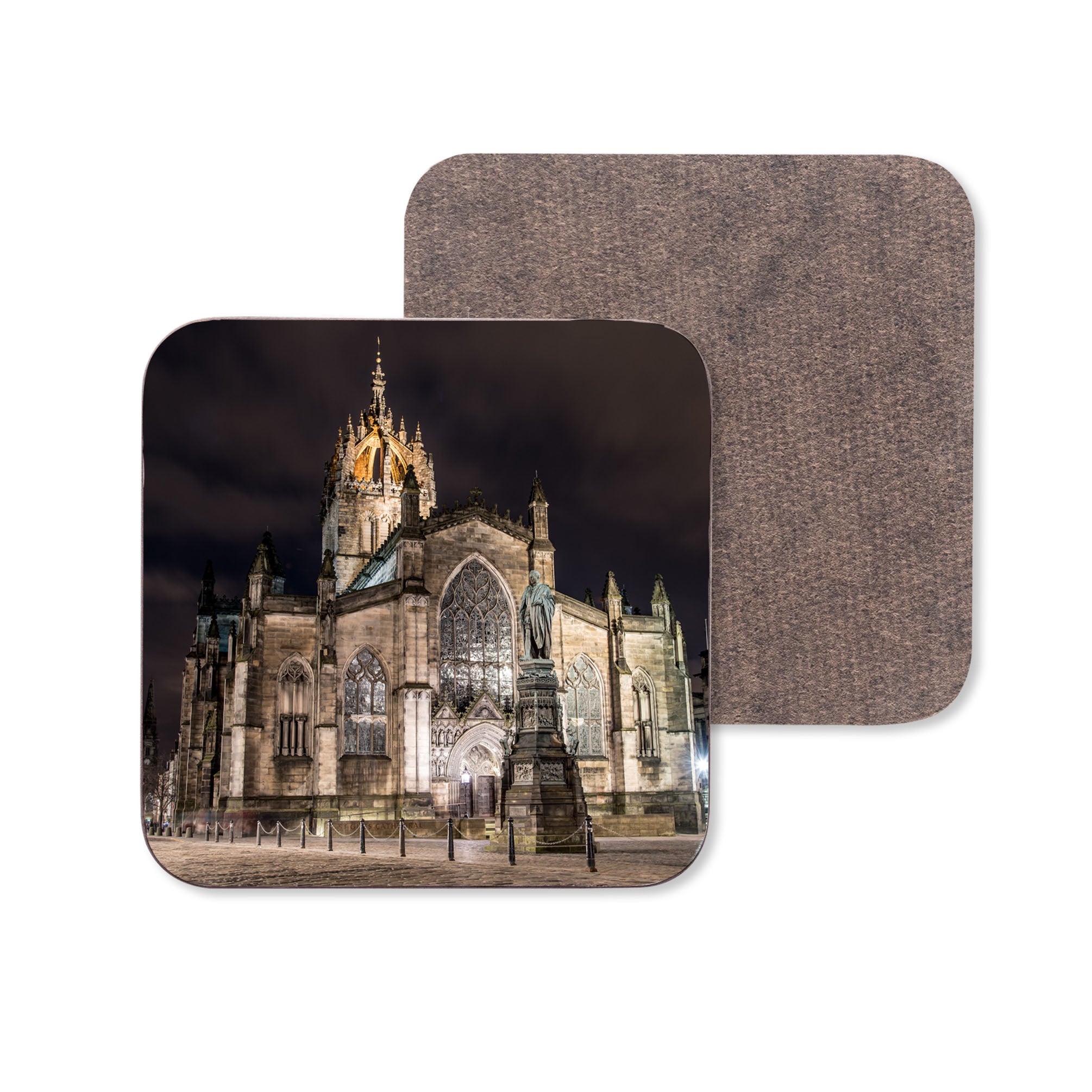 An image of St Giles' Cathedral on the Royal Mile Edinburgh on a wooden coaster.