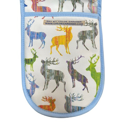 White oven gloves with blue edging featuring multi-coloured stags.
