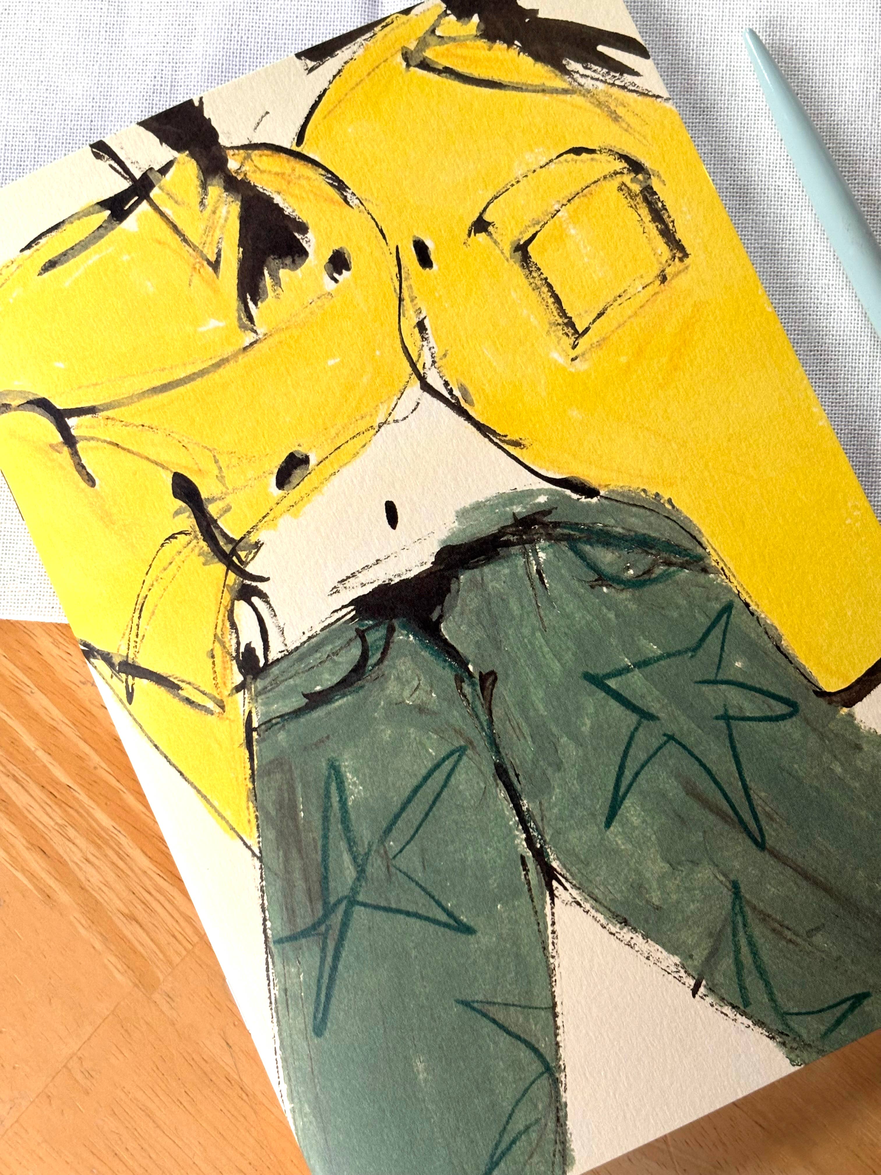 Person wearing a yellow jacket and green pants with abstract elements.