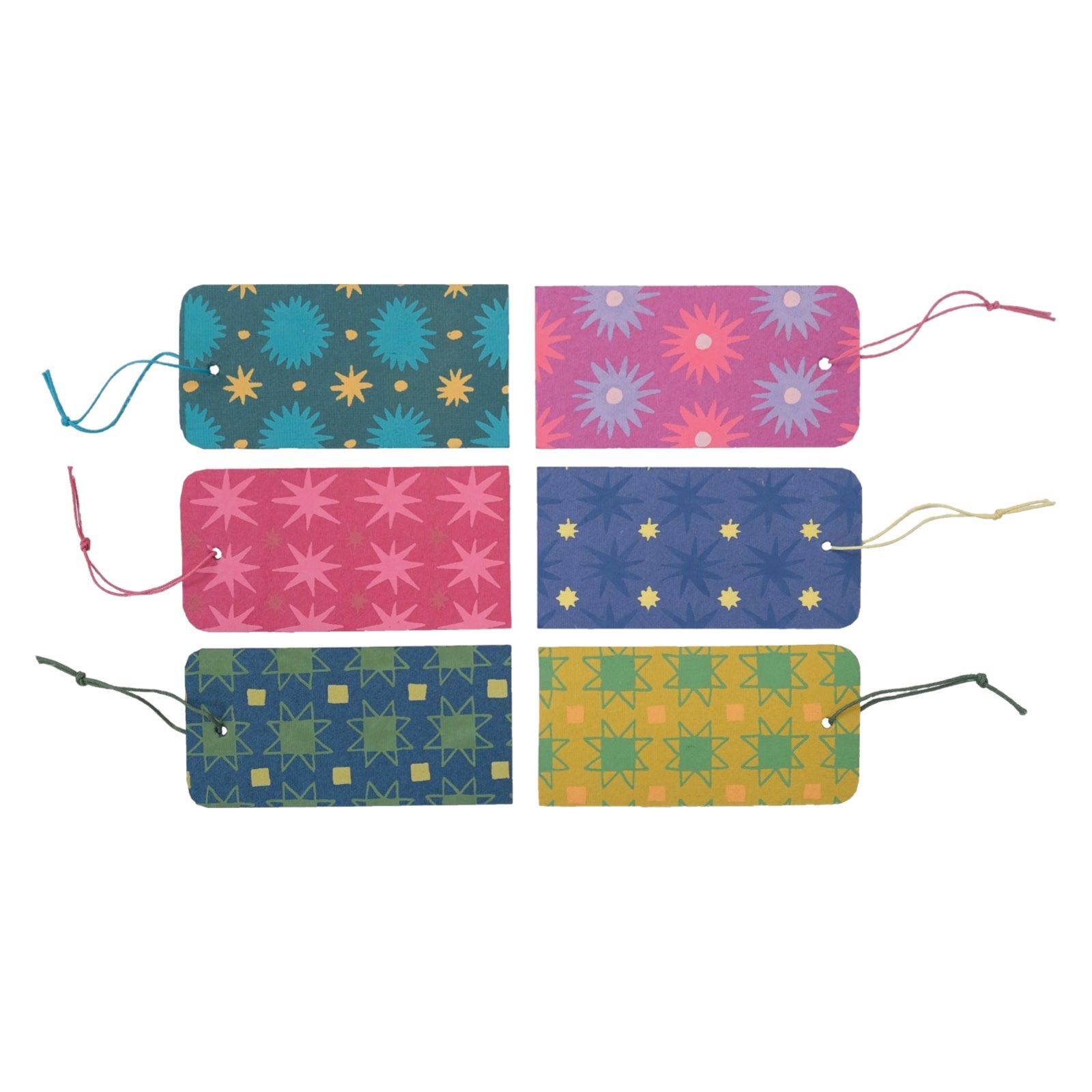 6 colourful gift tags with contrasting stars patterns.