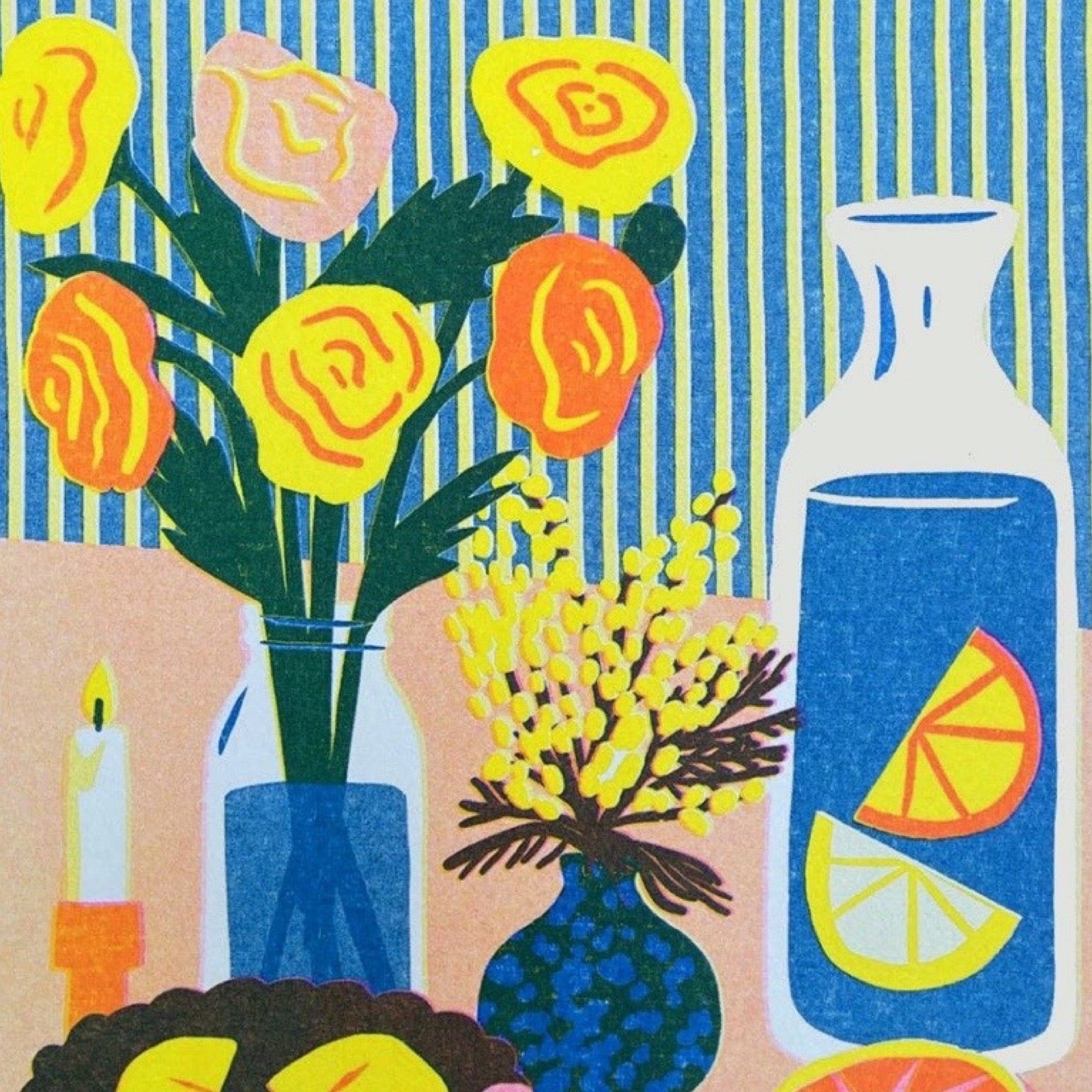 Colourful illustration of a table setting with flowers, fruit, and a bottle.