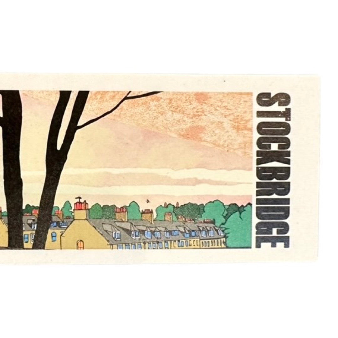 Bookmark featuring a panoramic landscape illustration of the Stockbridge colony houses in Edinburgh, Scotland