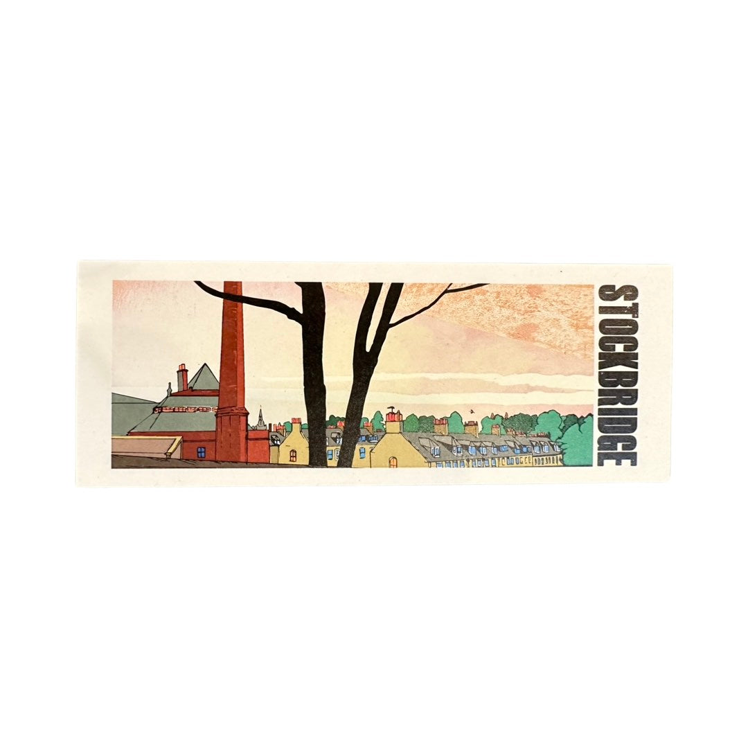 Bookmark featuring a panoramic landscape illustration of the Stockbridge colony houses in Edinburgh, Scotland