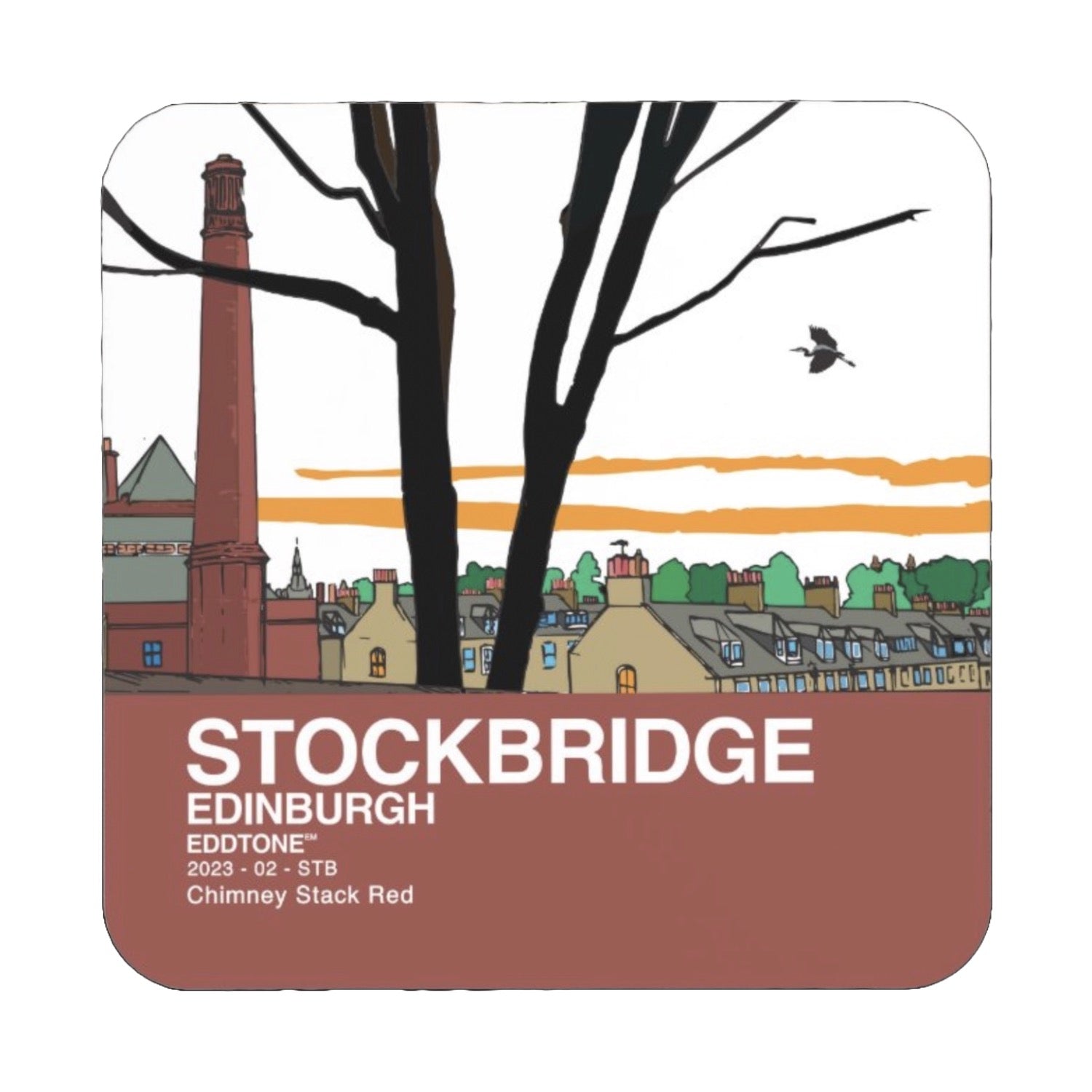 Coaster featuring an illustration of the chimneys of the Stockbridge colonies in Edinburgh. Designed in Edinburgh by Eddscape and printed in the UK.