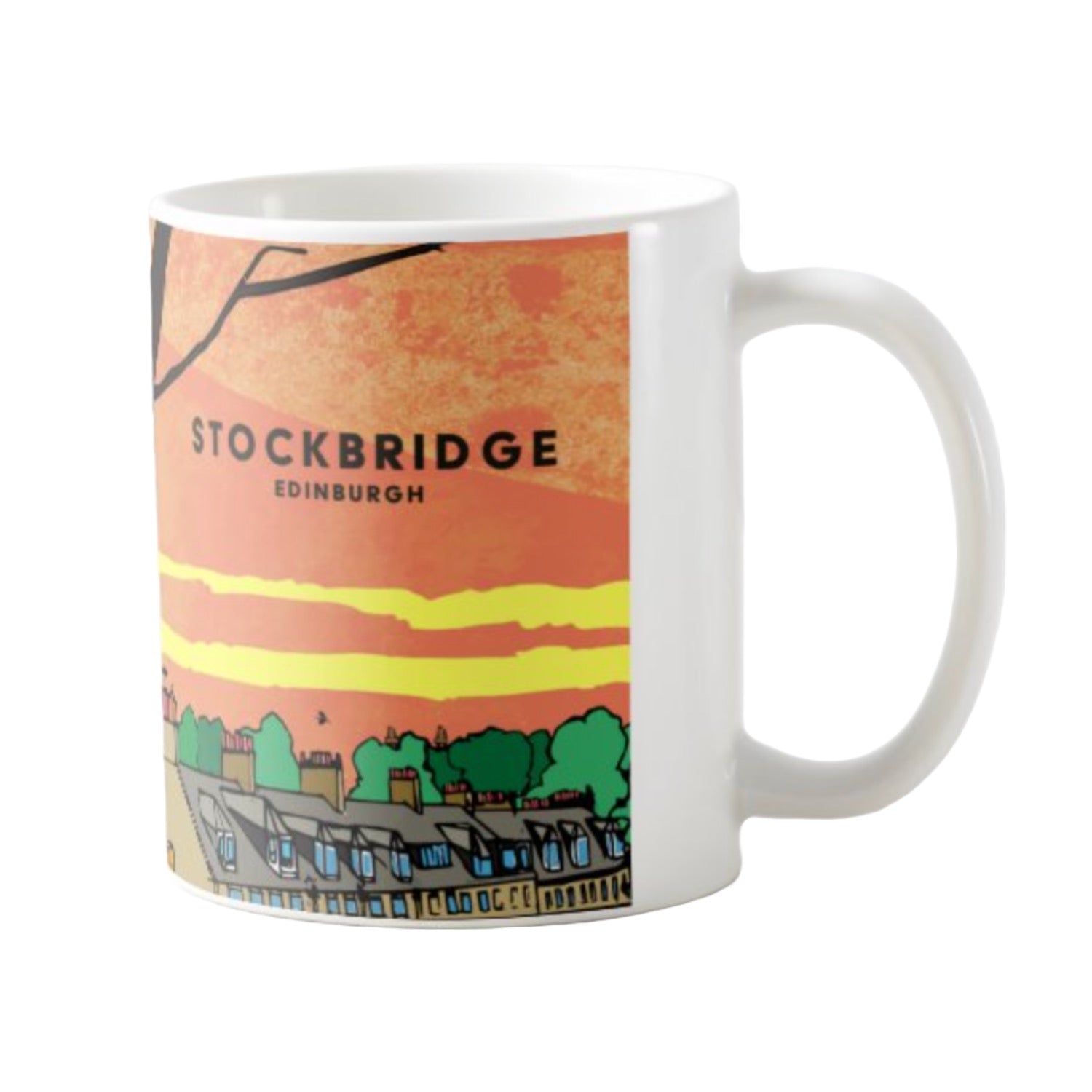 Mug featuring a panoramic artwork of the Stockbridge Colonies on Glenogle Road in Edinburgh. Designed by Eddscape and made in the UK.