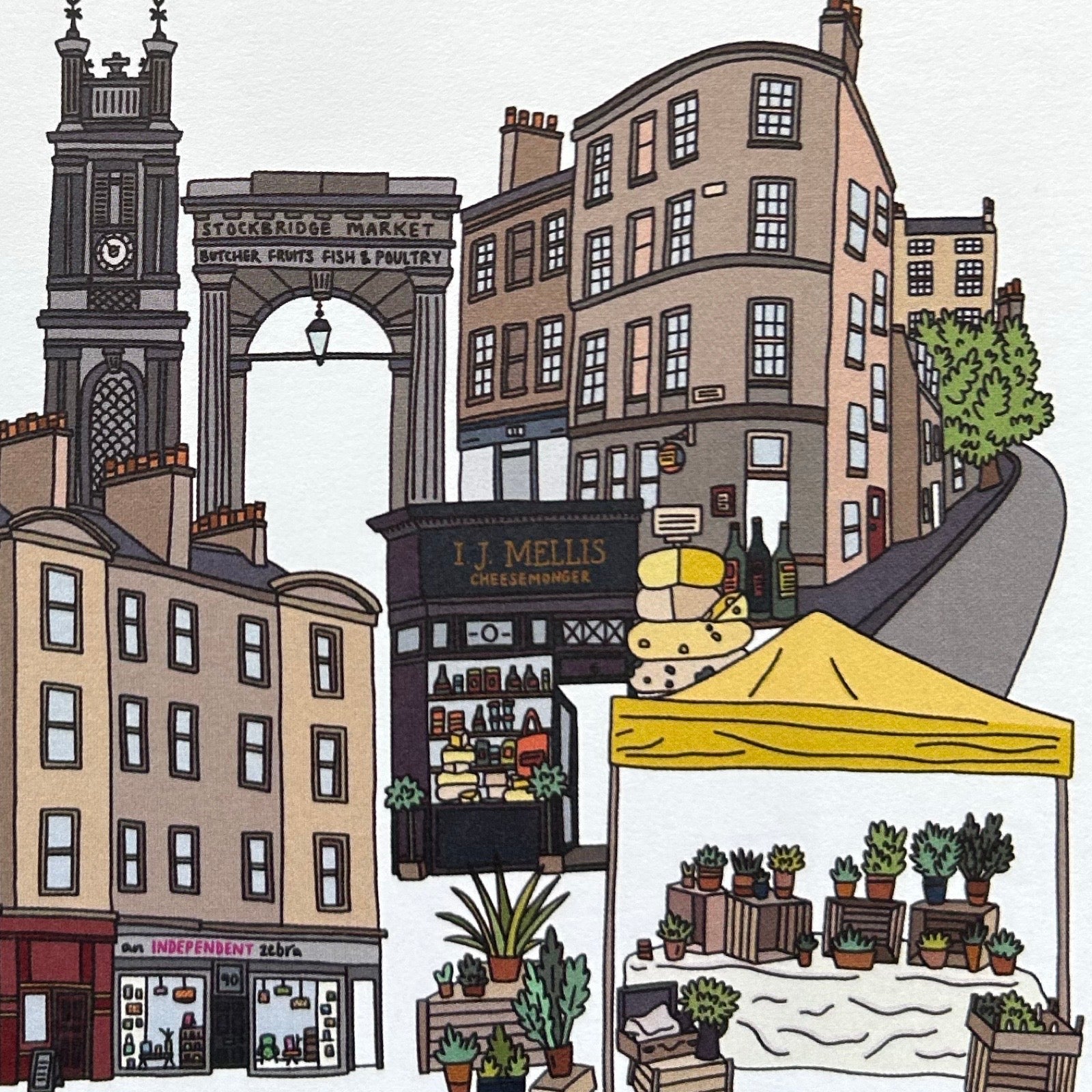 This postcard features an illustration of the fabulous Edinburgh neighbourhood of Stockbridge.