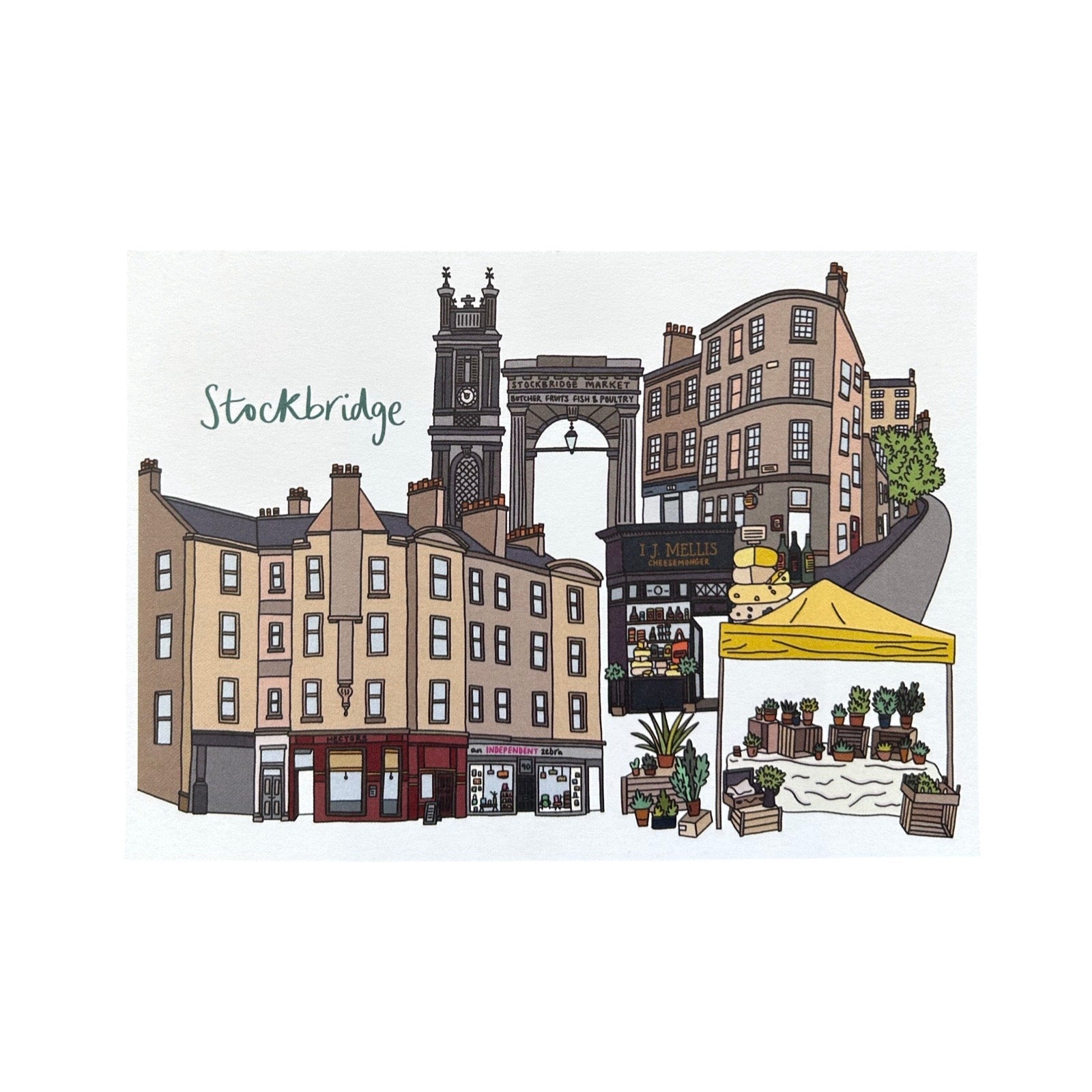 This postcard features an illustration of the fabulous Edinburgh neighbourhood of Stockbridge.