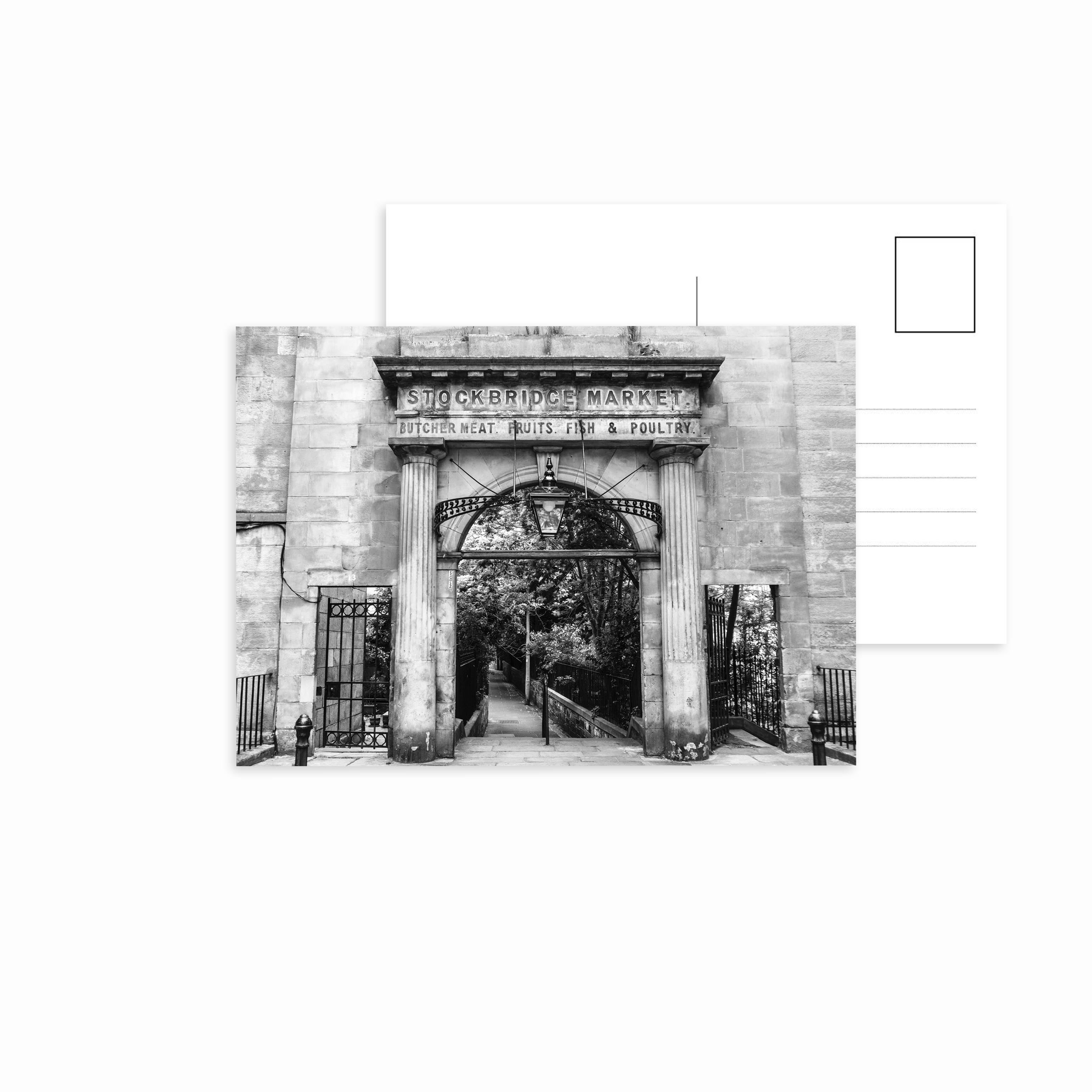 An image of Stockbridge Market Arch Edinburgh on a postcard.