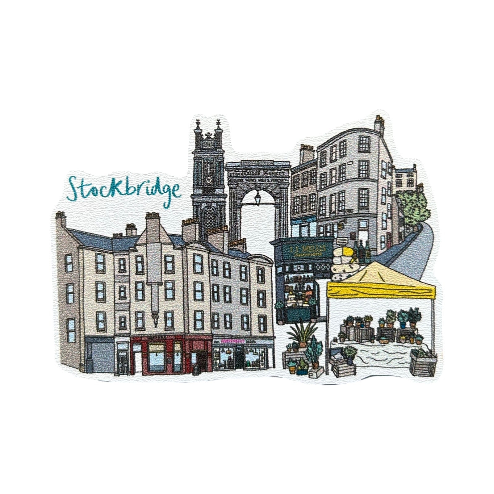 A laser-cut wooden magnet of Stockbridge including local landmarks.