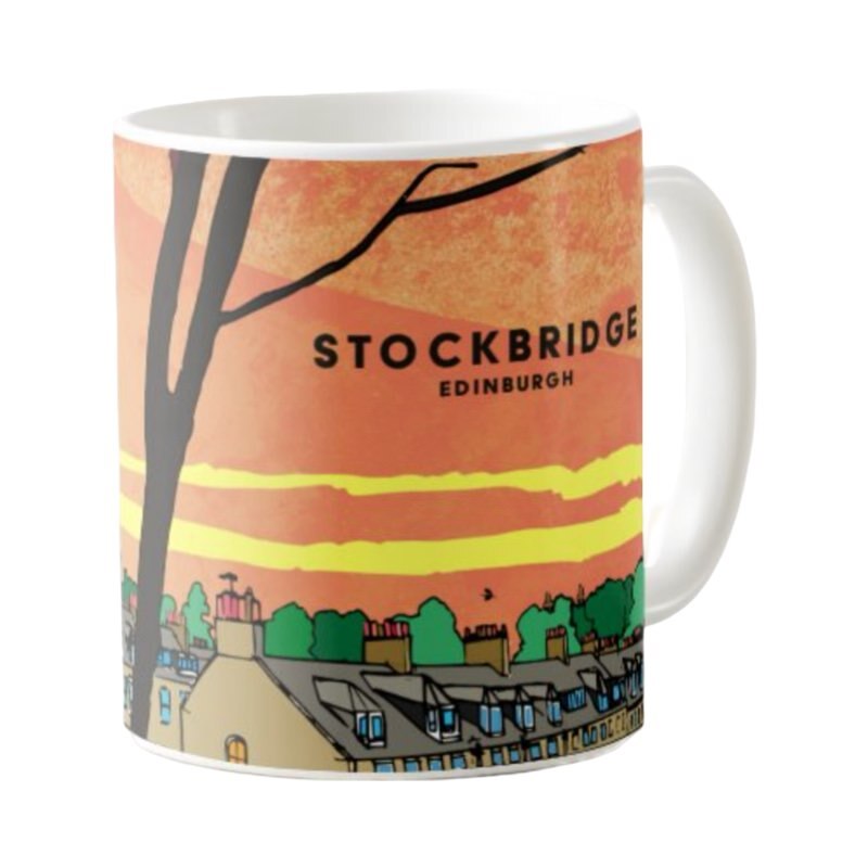 Mug featuring a panoramic artwork of the Stockbridge Colonies on Glenogle Road in Edinburgh. Designed by Eddscape and made in the UK.
