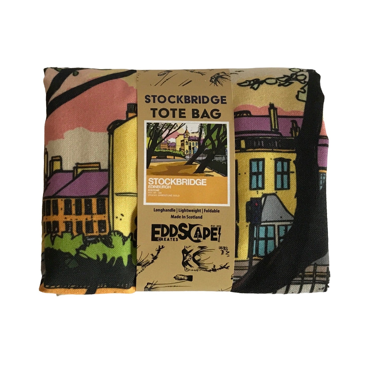 This tote bag features a square design with an illustration of the Jubilee Gardens and the clock tower in Stockbridge, Edinburgh