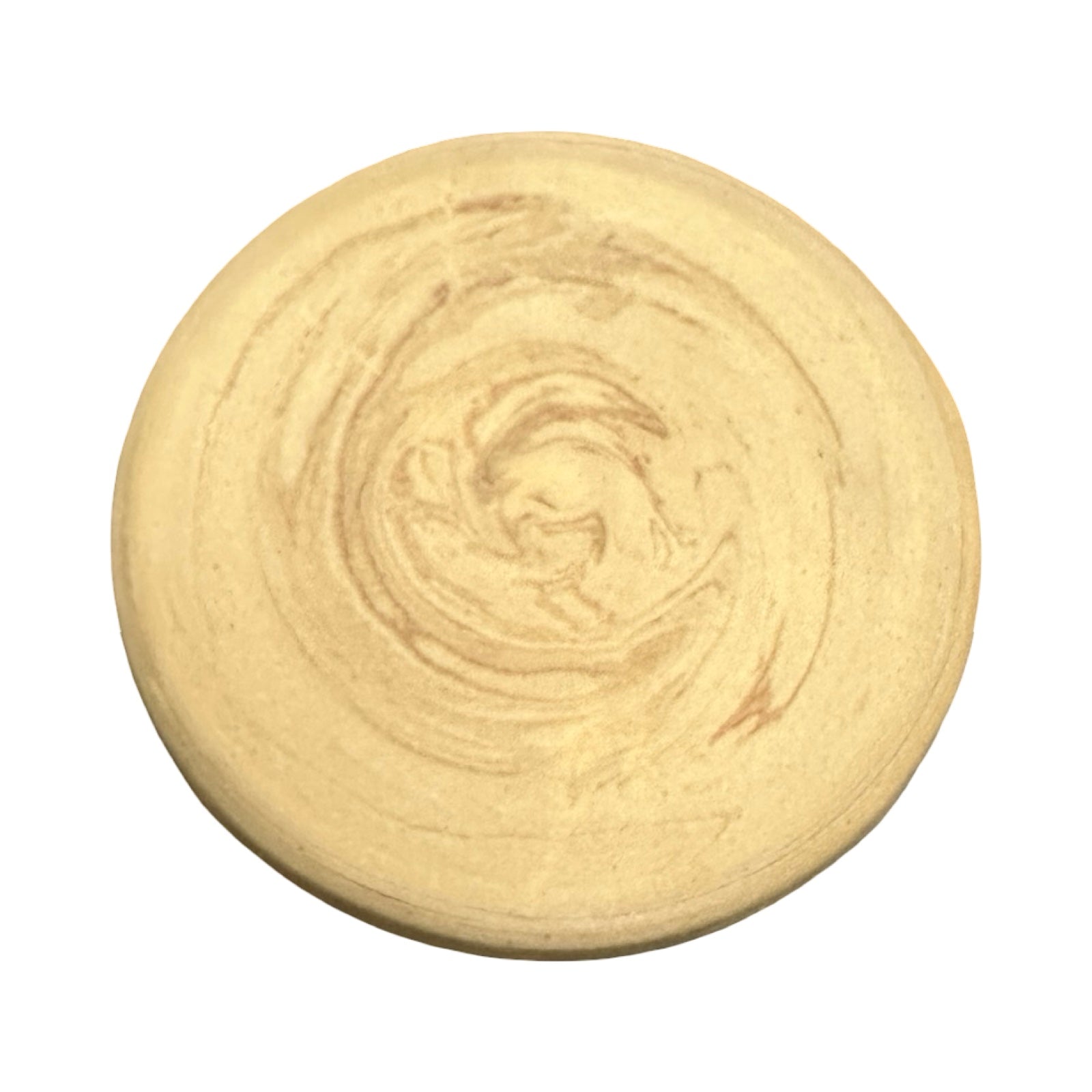 Round beige bottom of stoneware dish on a white background.