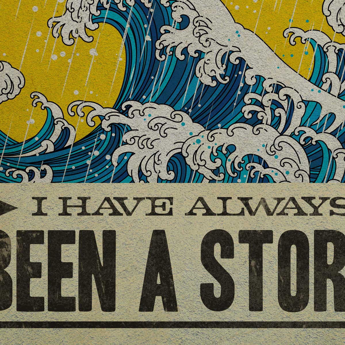 Vintage-style wave design with text overlay on a yellow background.