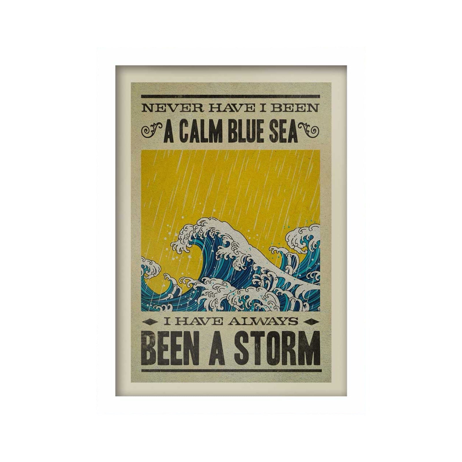 Framed artwork with wave design and text on a white background.