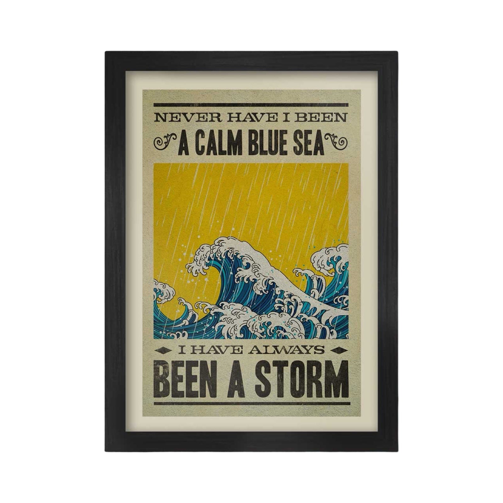 Framed poster with wave design and text on a white background.