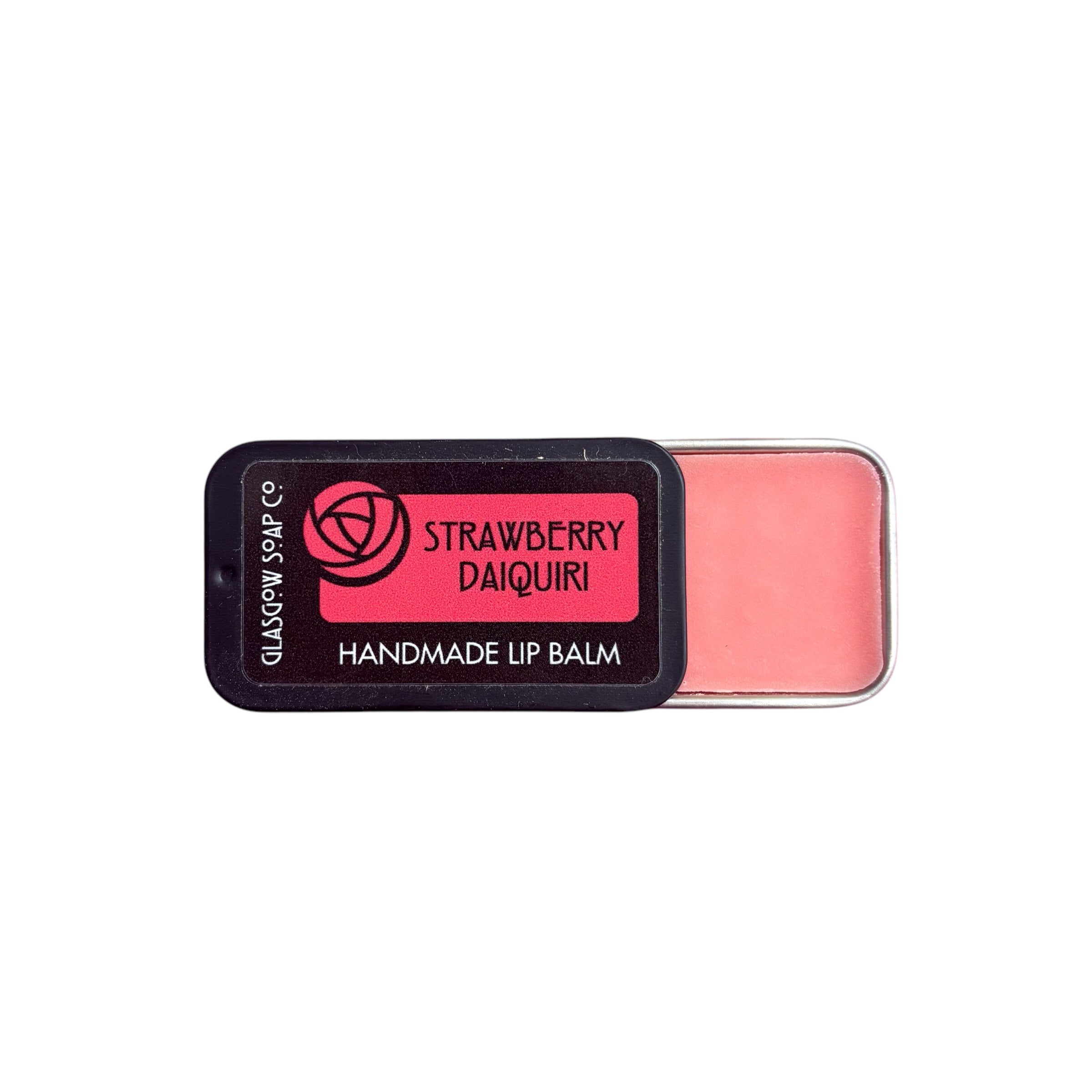 A small black tin of strawberry daiquiri lip balm, half open.