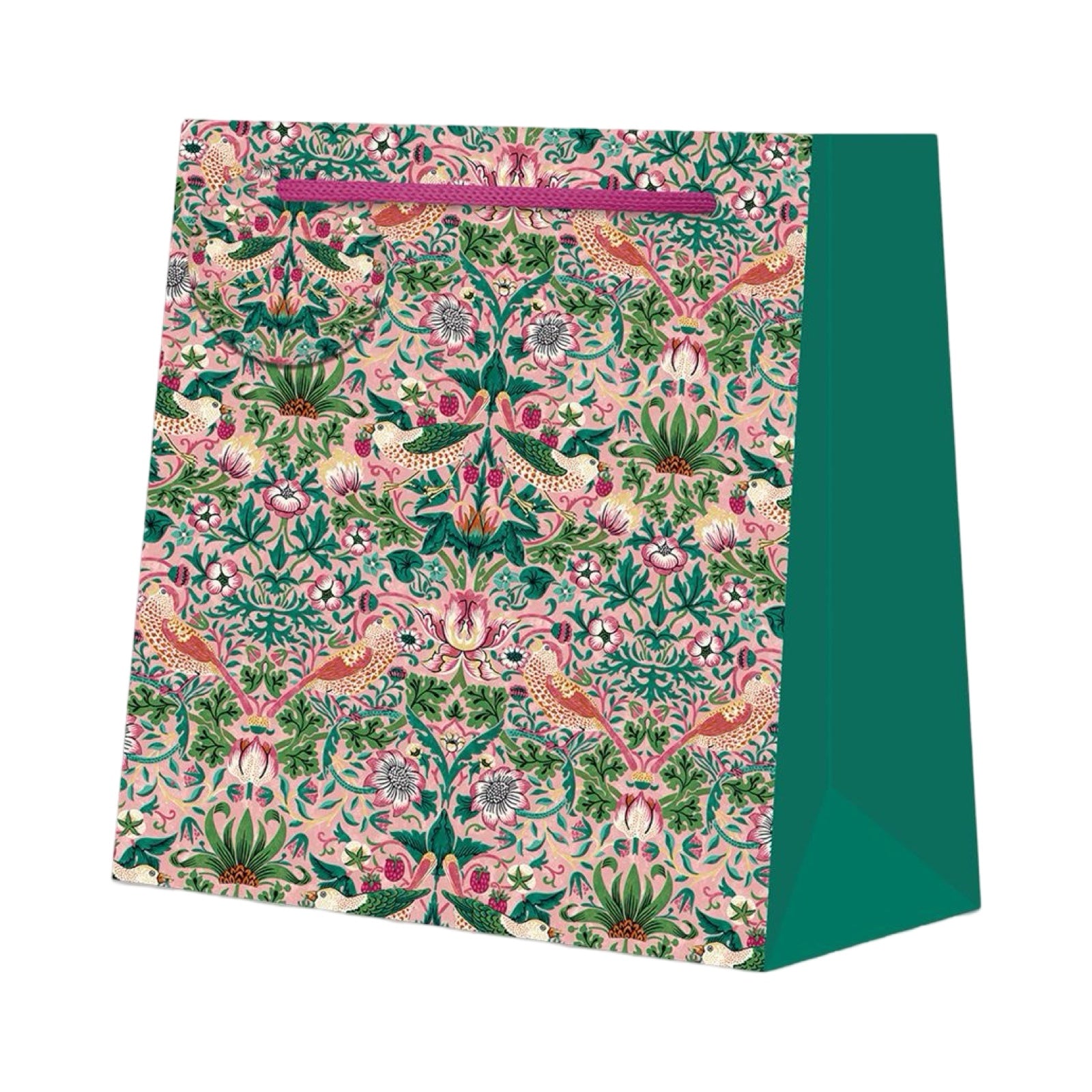 Gift bag featuring William Morris's strawberry thief design in blush with a matching gift tag and a pink ribbon handle.