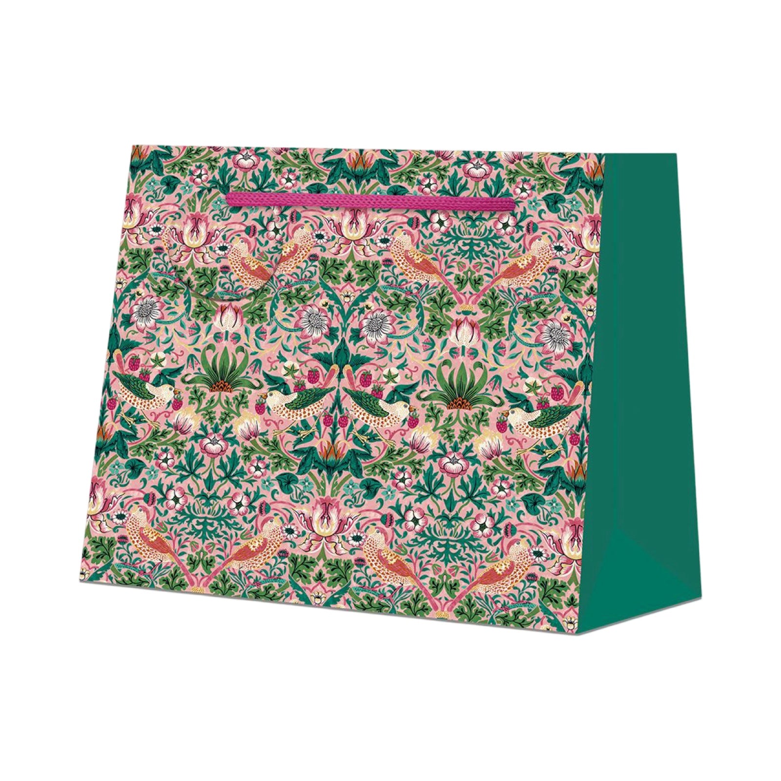 Gift bag featuring William Morris's strawberry thief design in blush with a matching gift tag and a pink ribbon handle.