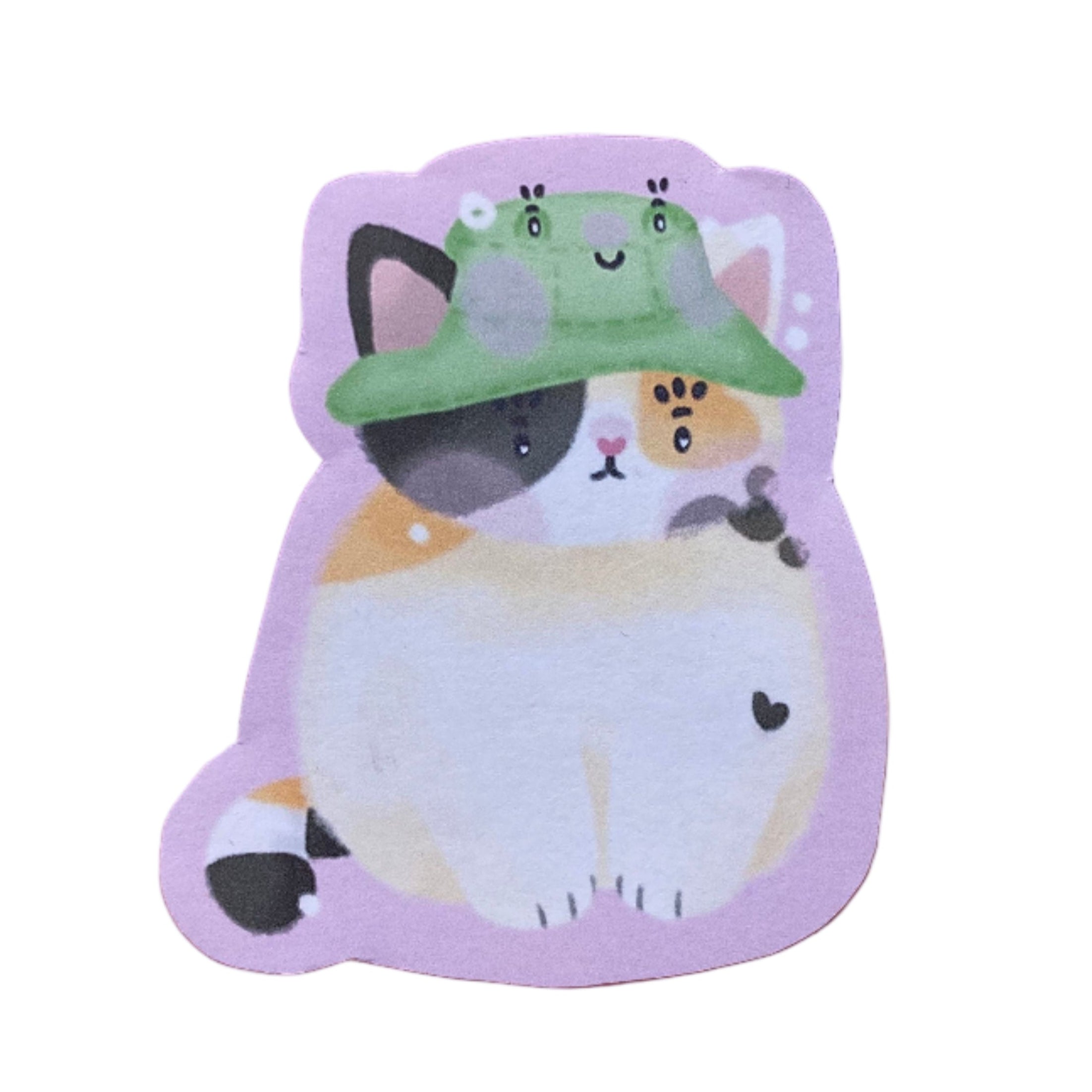 Handmade vinyl sticker of Bucket the calico cat, looking stressed and existential.