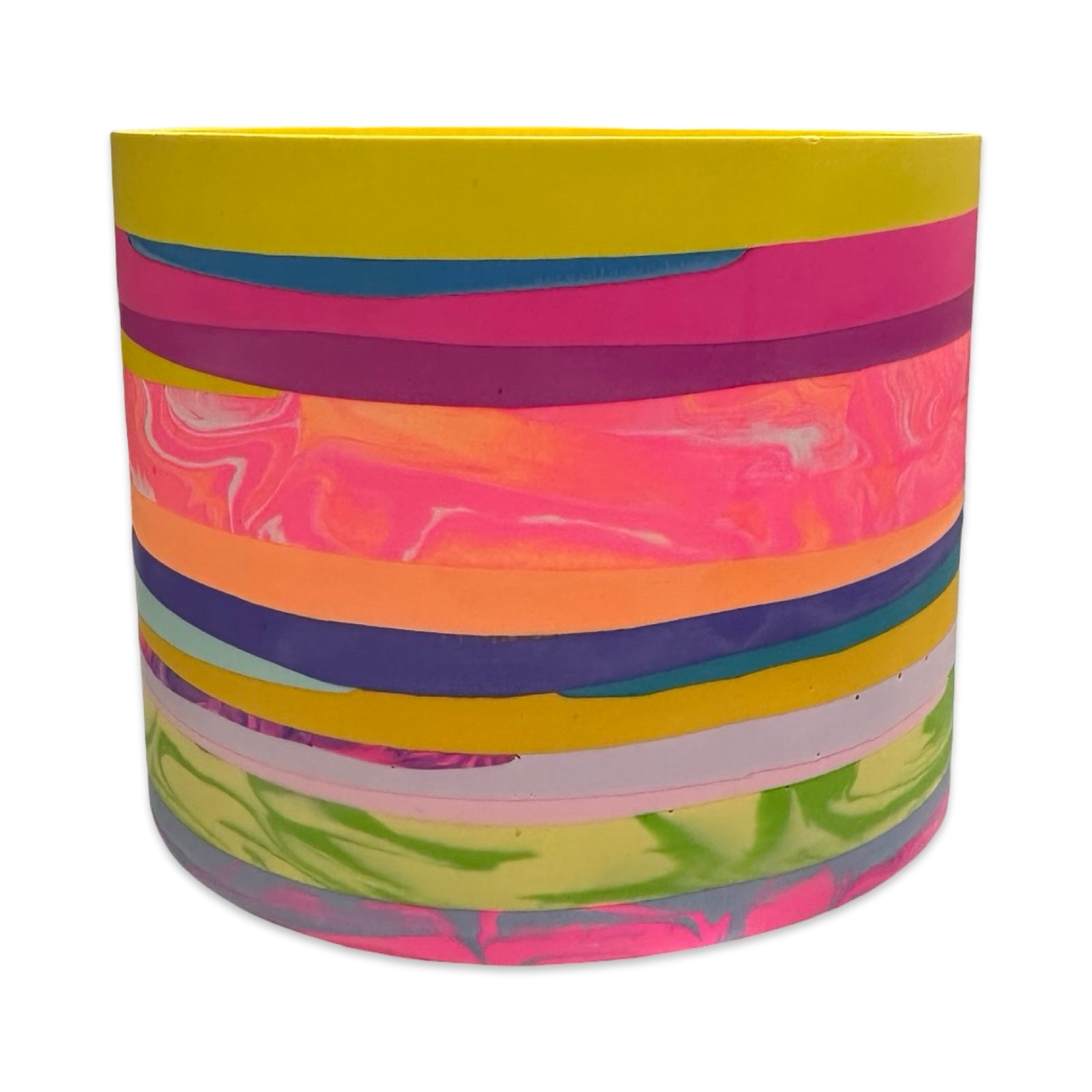 Colorful striped cylindrical vase on a white background.