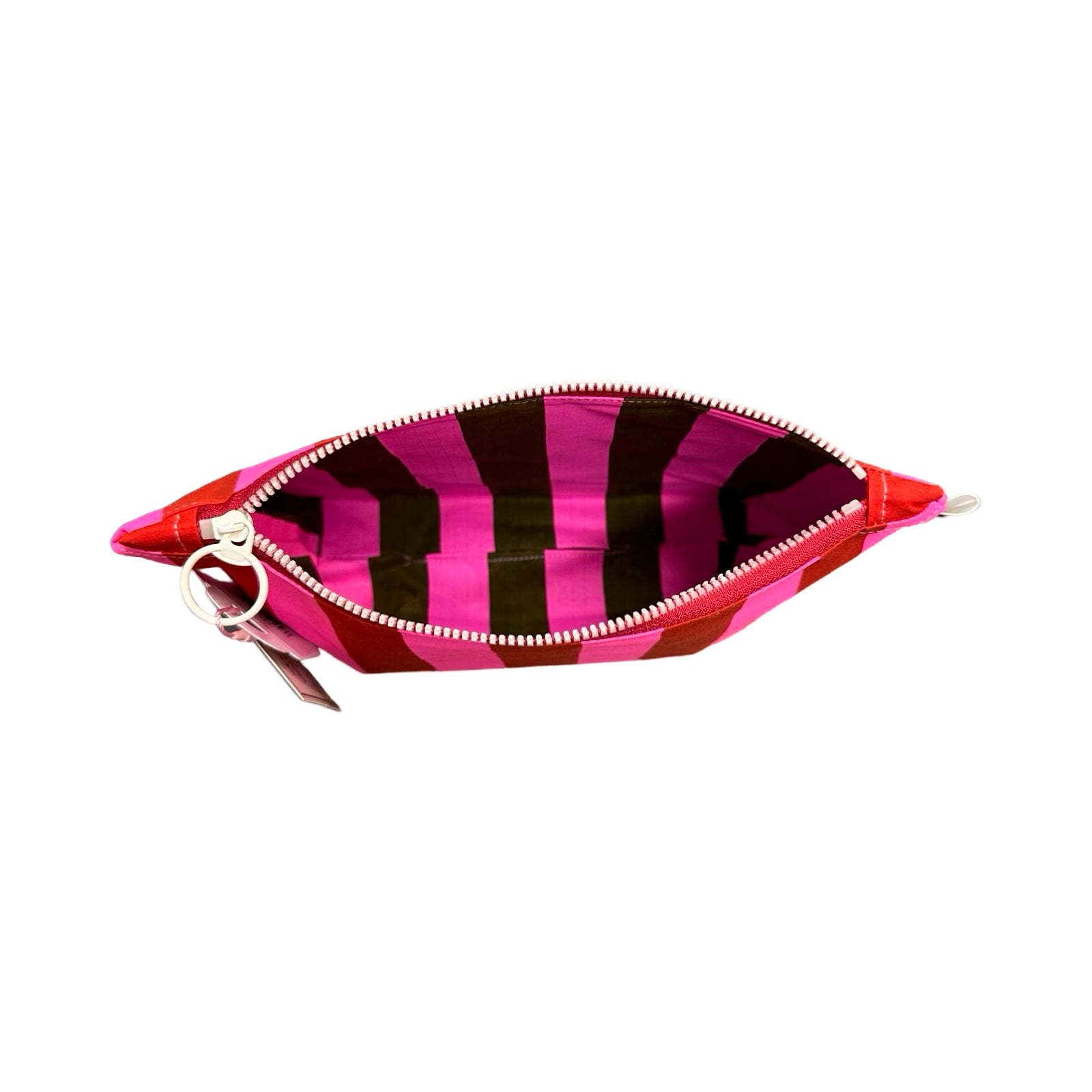 A red and pink striped cosmetic bag open showing pink and grey striped lining.