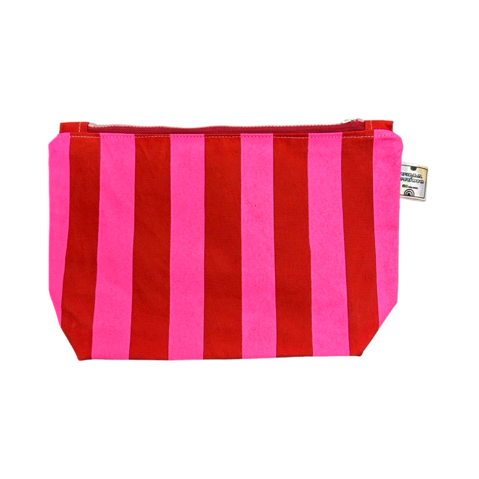 A red and pink striped cosmetic bag.