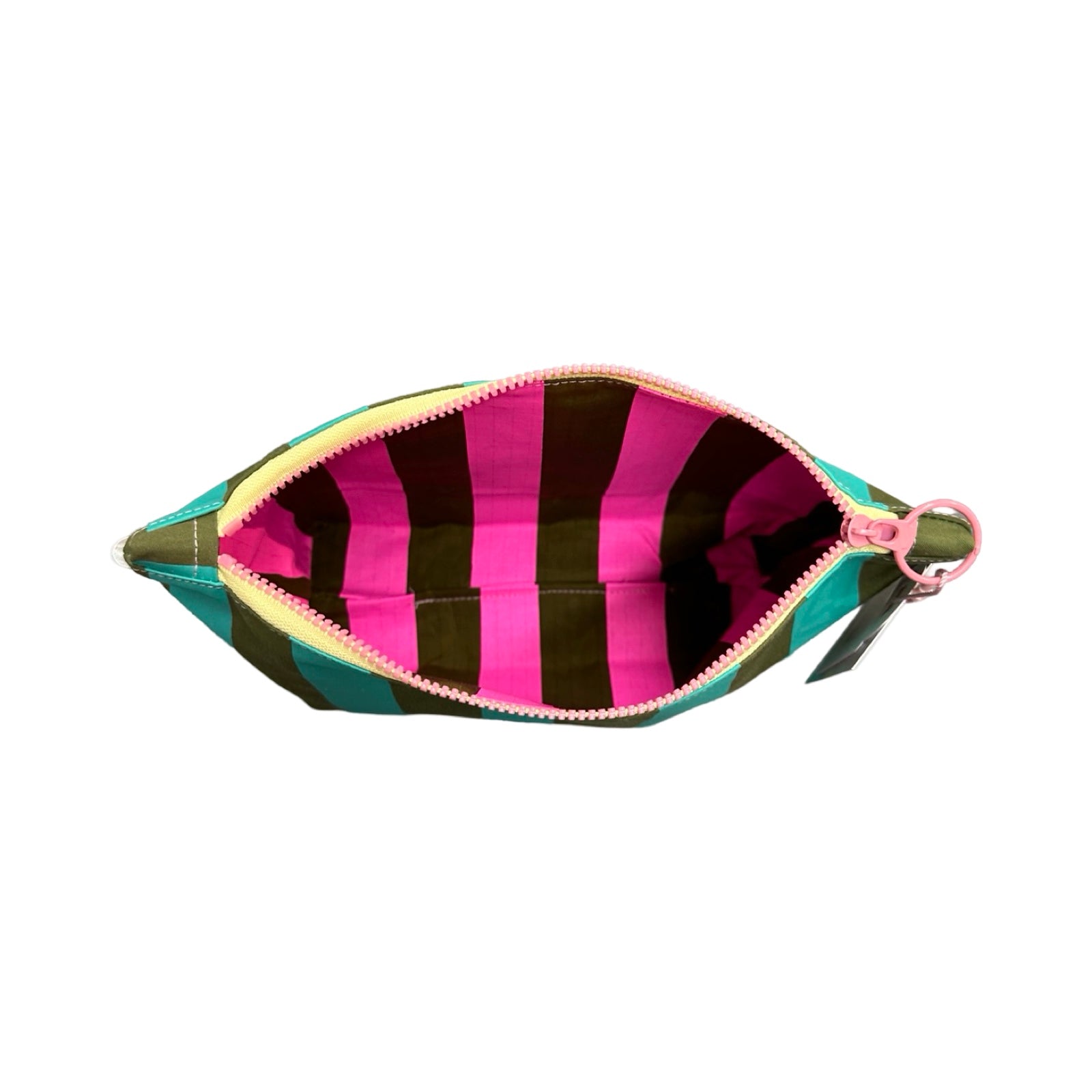 A green and turquoise striped cosmetic bag open showing pink and grey striped lining.