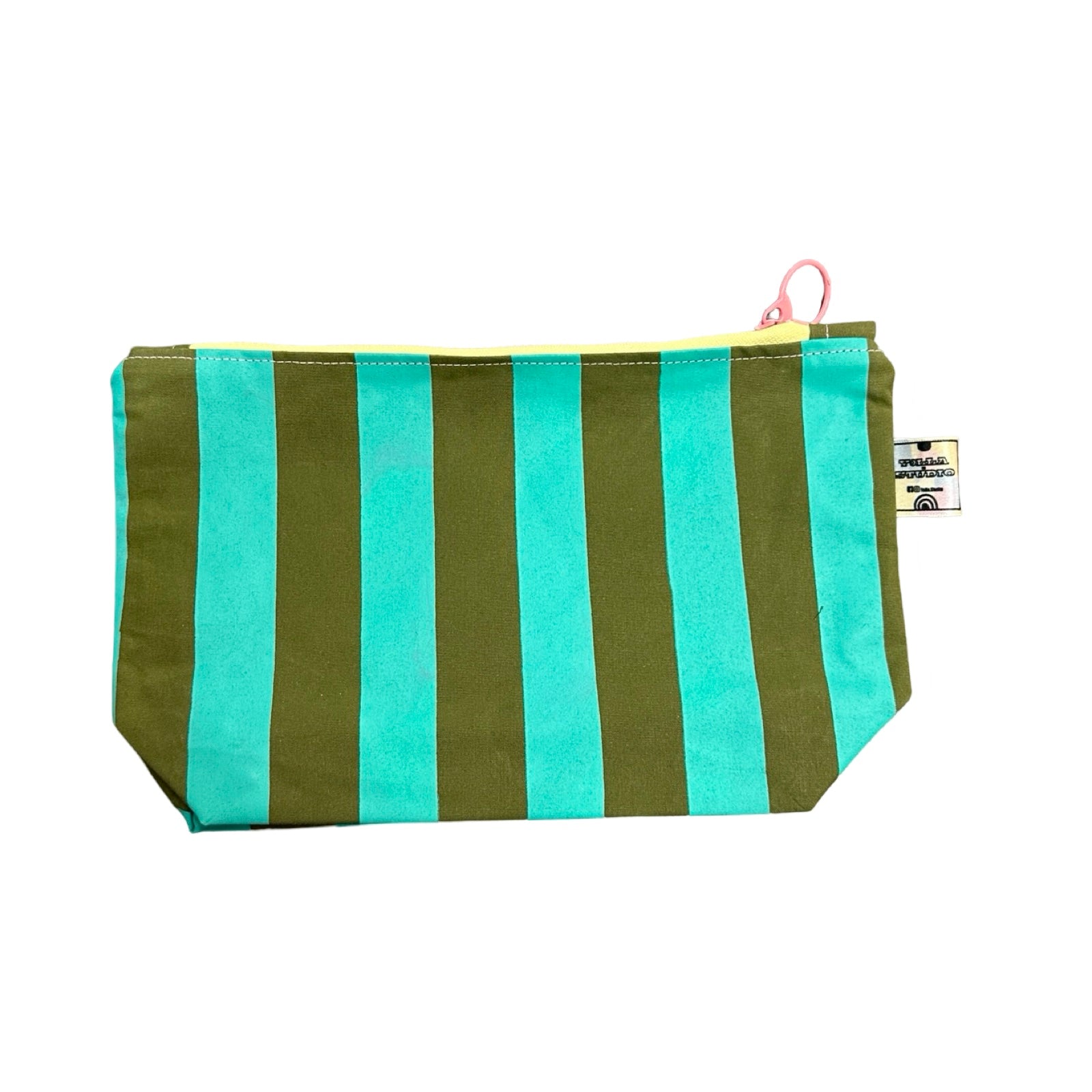 A green and turquoise striped cosmetic bag.