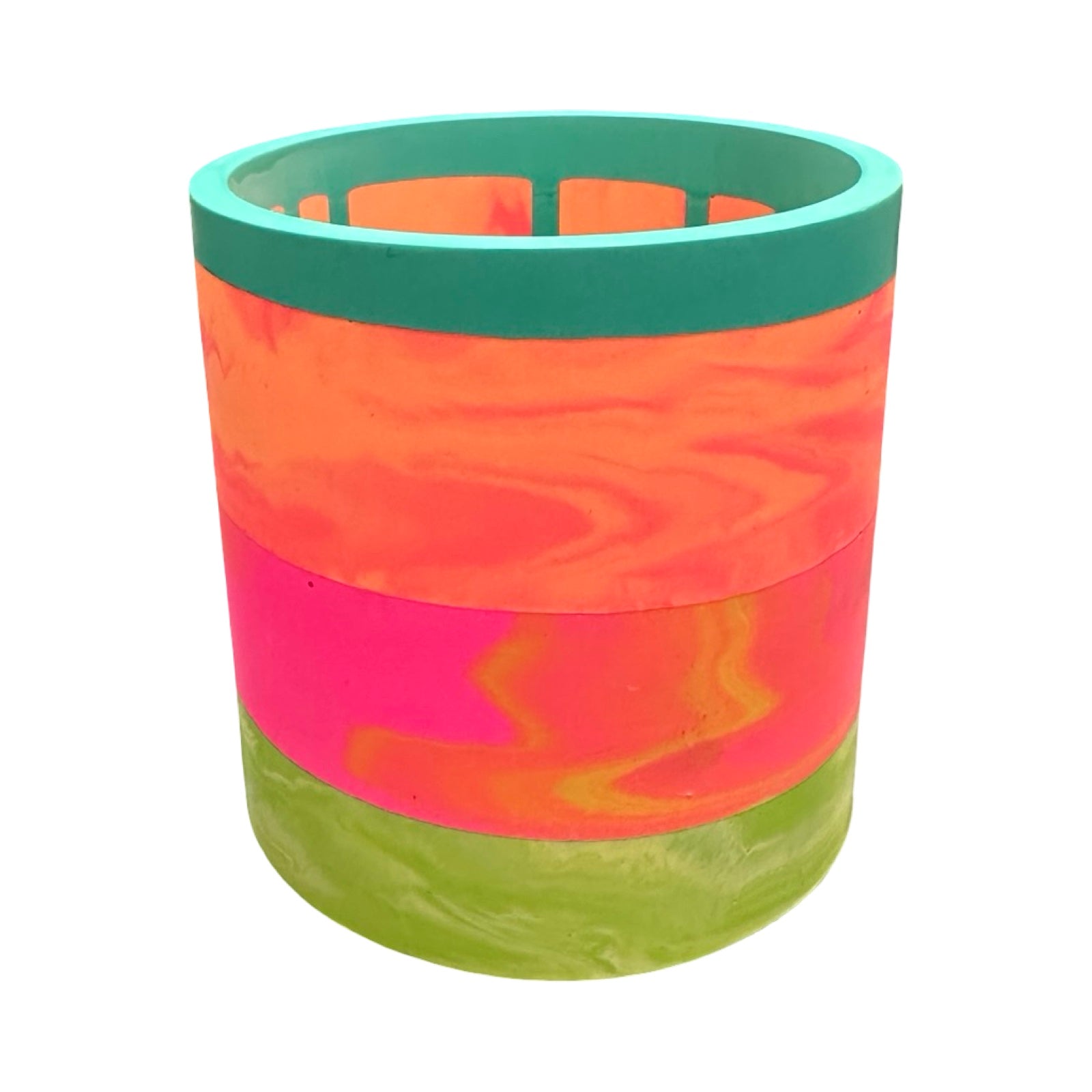 Colorful cylindrical planter with green, orange, pink, and yellow patterns on a white background.