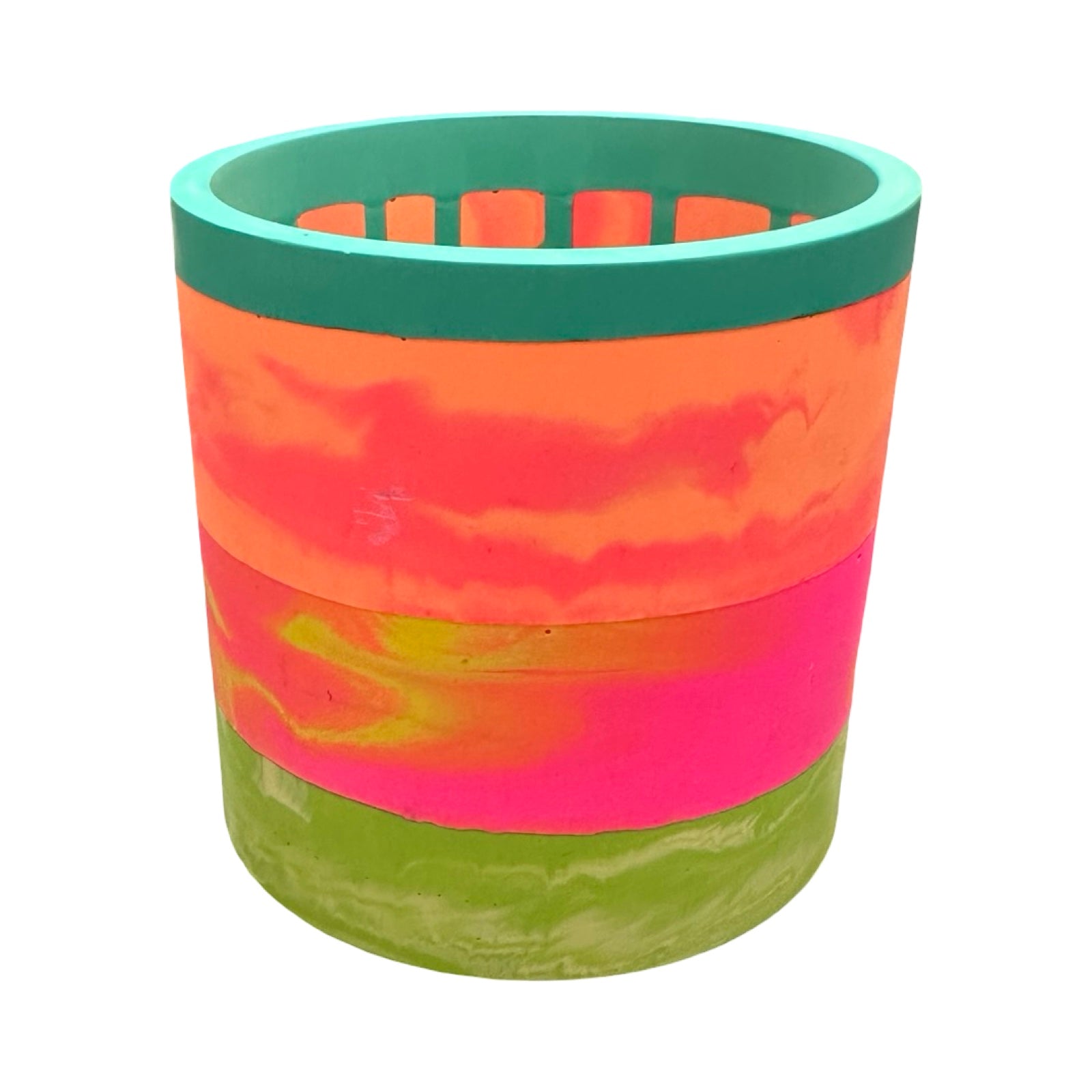 Colorful cylindrical planter with a patterned design on a white background.