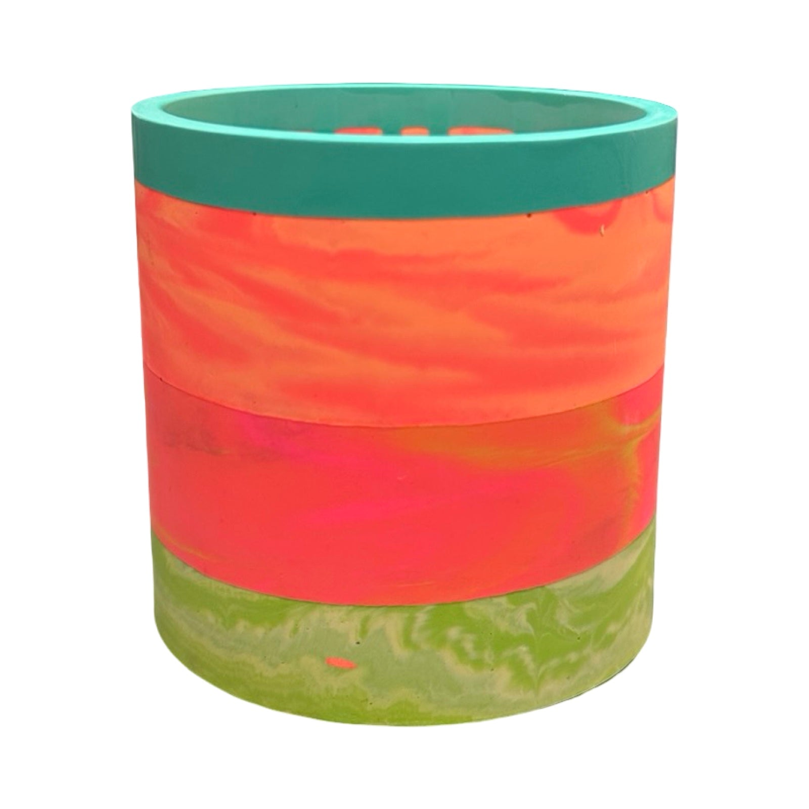 Colorful cylindrical planter with gradient design on a white background.