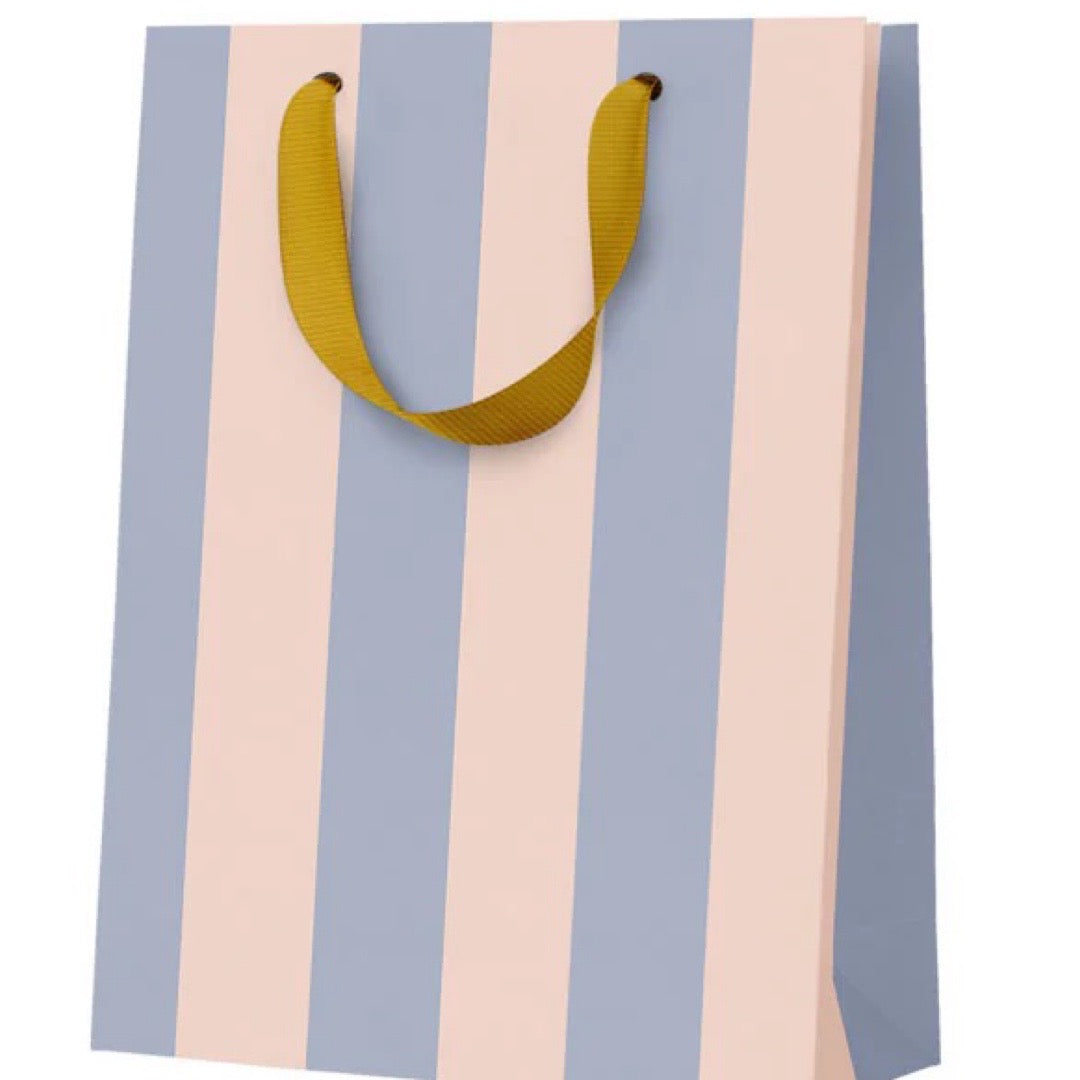 Striped bag with a yellow handle on a white background.