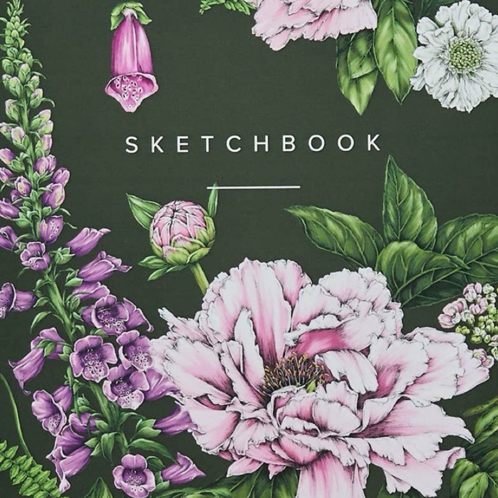 Floral design on a sketchbook cover with the word 'SKETCHBOOK'.