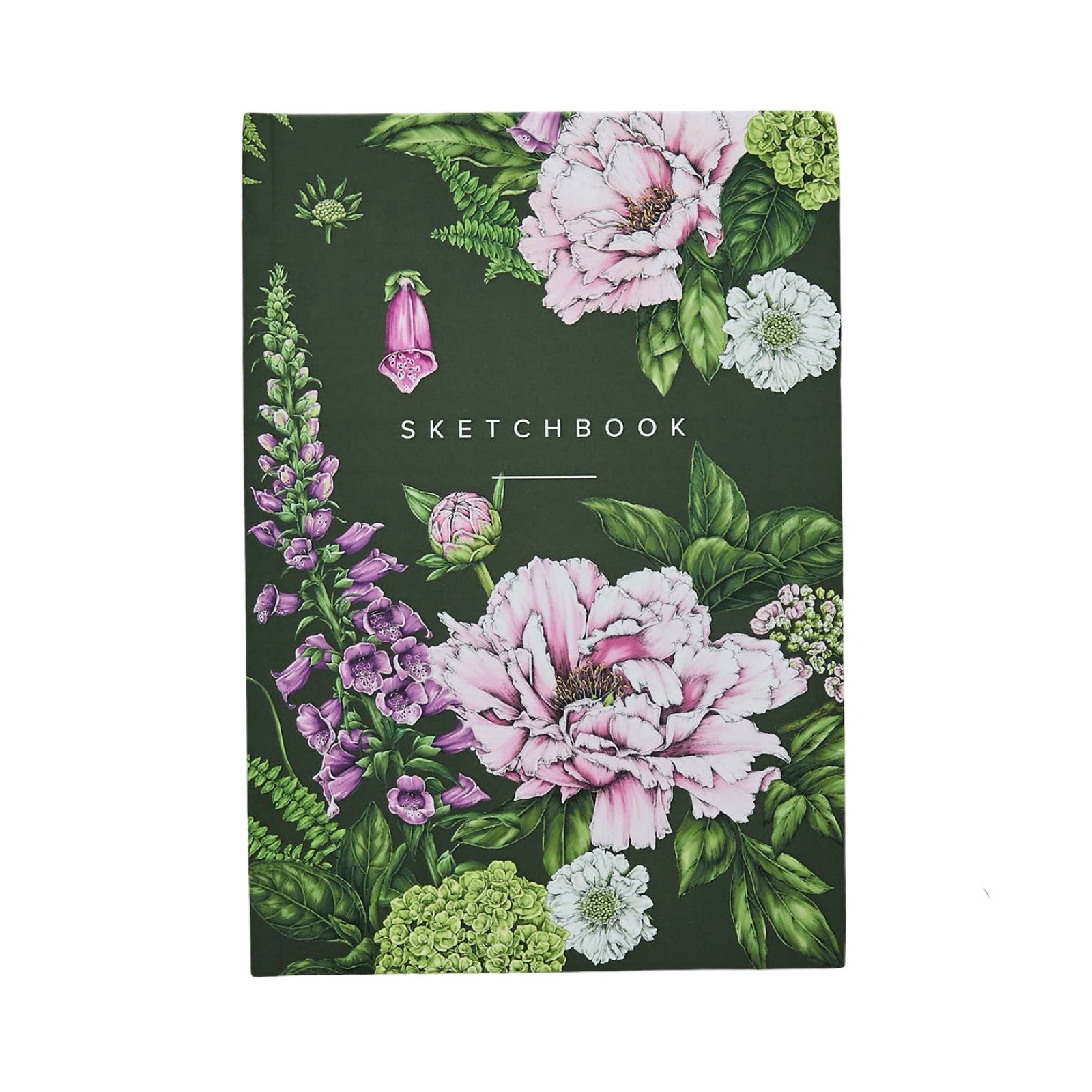The front cover of a pink and green floral hardback sketchbook with the text SKETCHBOOK written in white in the centre, all against a deep green background.
