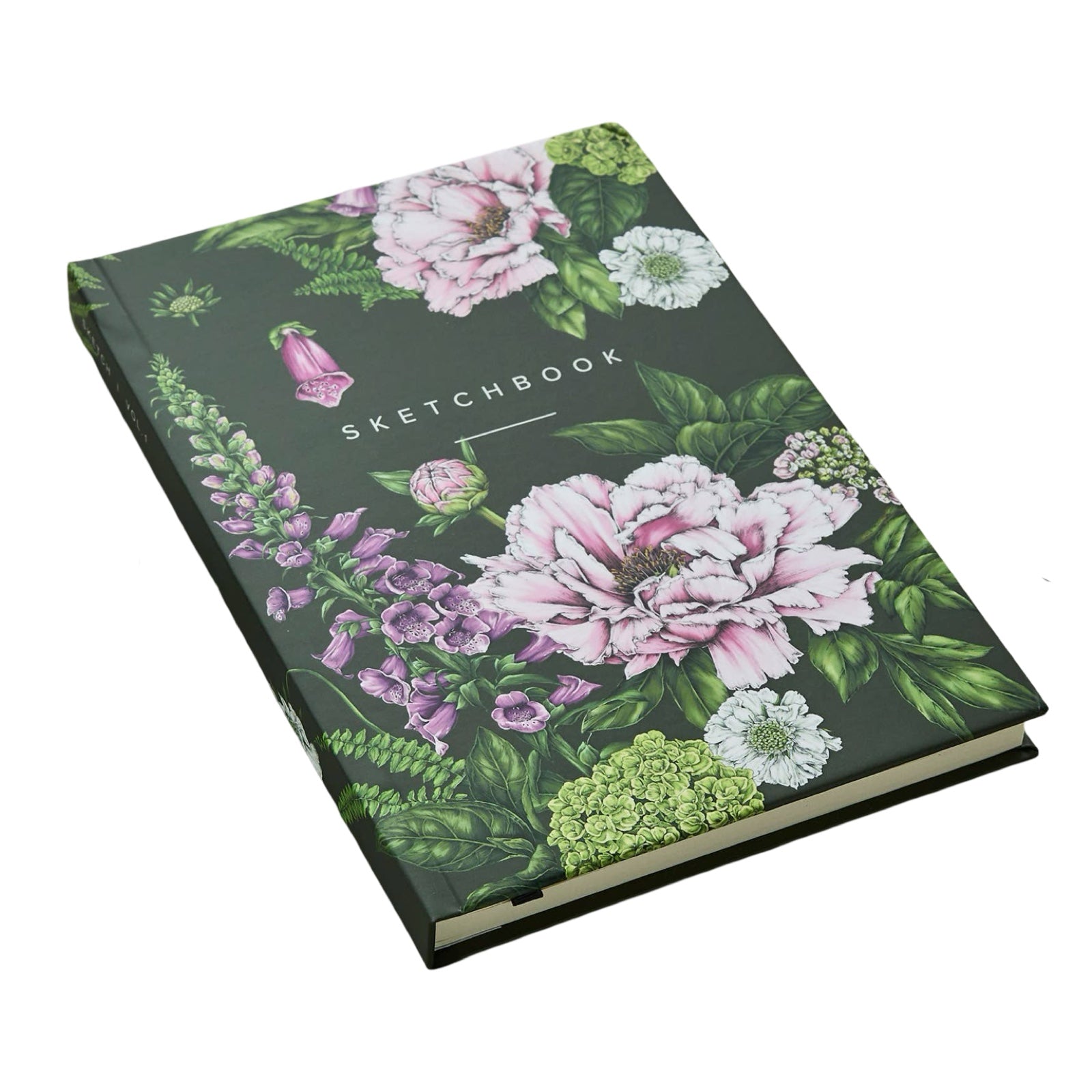 A pink and green floral hardback sketchbook.